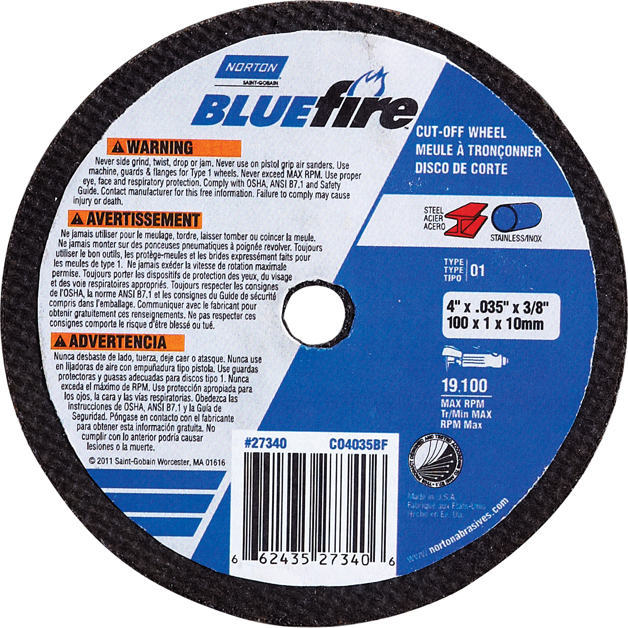Meule a tronconner BlueFireMD, 3" x 1/16", Arbre de 3/8", Type 1, Oxyde d'aluminium, 25465 Tr/min