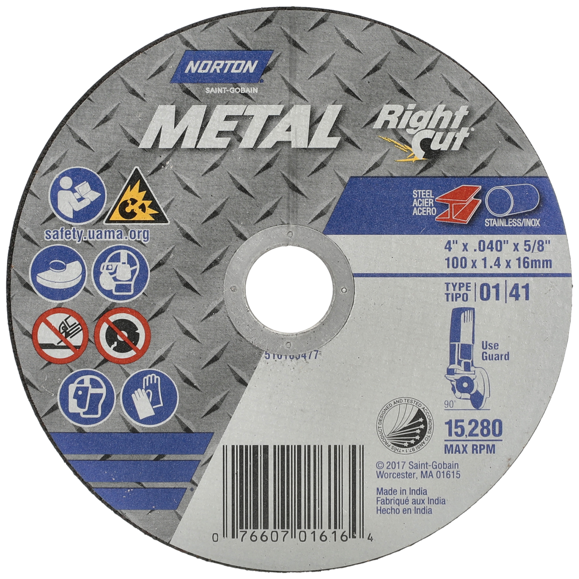 Meule à tronçonner métallique pour coupe à angle droit RightCut, 4-1/2" x 0,04", Arbre de 7/8", Type 01/41, Oxyde d'aluminium, 13580 Tr/min