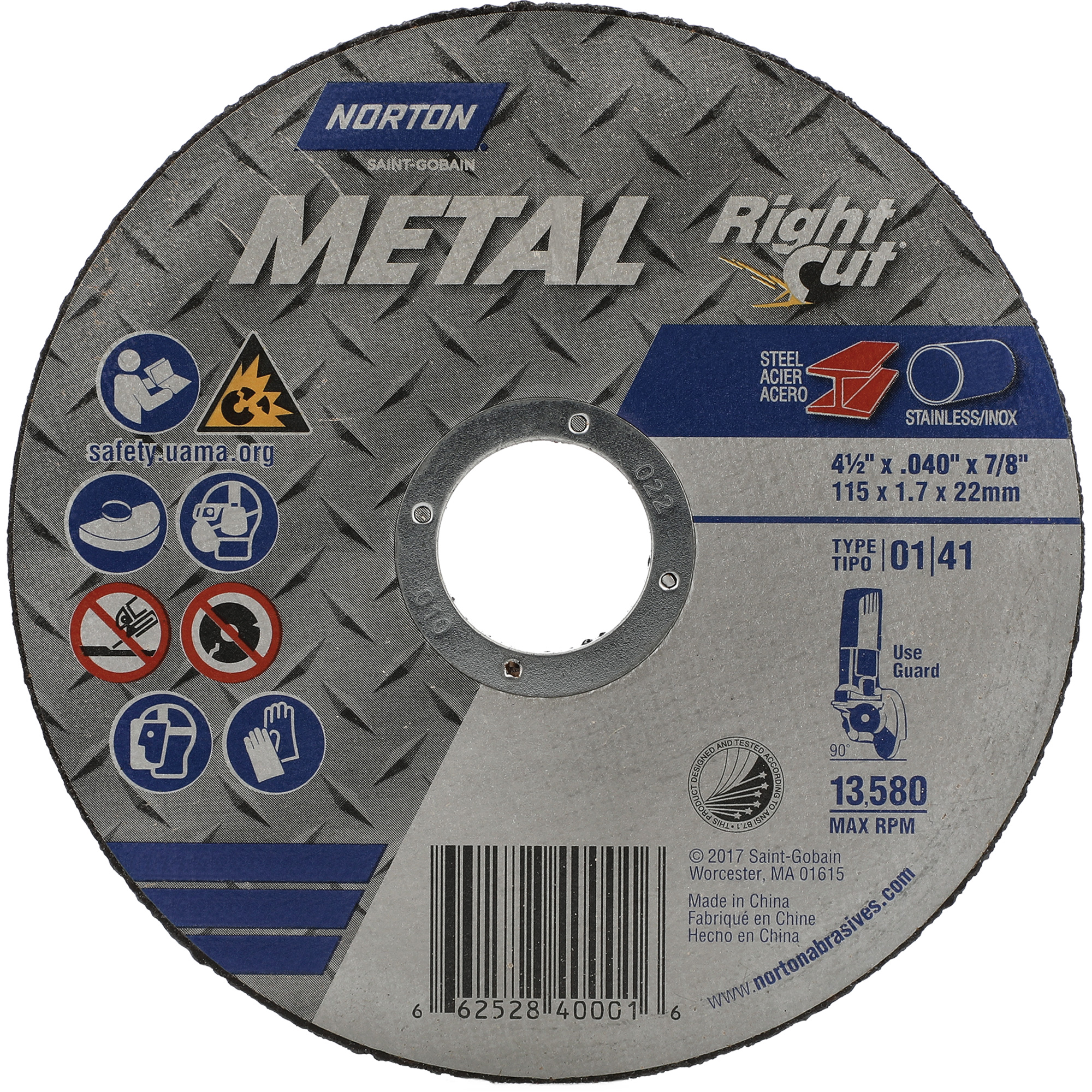 Meule à tronçonner métallique pour coupe à angle droit RightCut, 4-1/2" x 0,045", Arbre de 7/8", Type 01/41, Oxyde d'aluminium, 13580 Tr/min