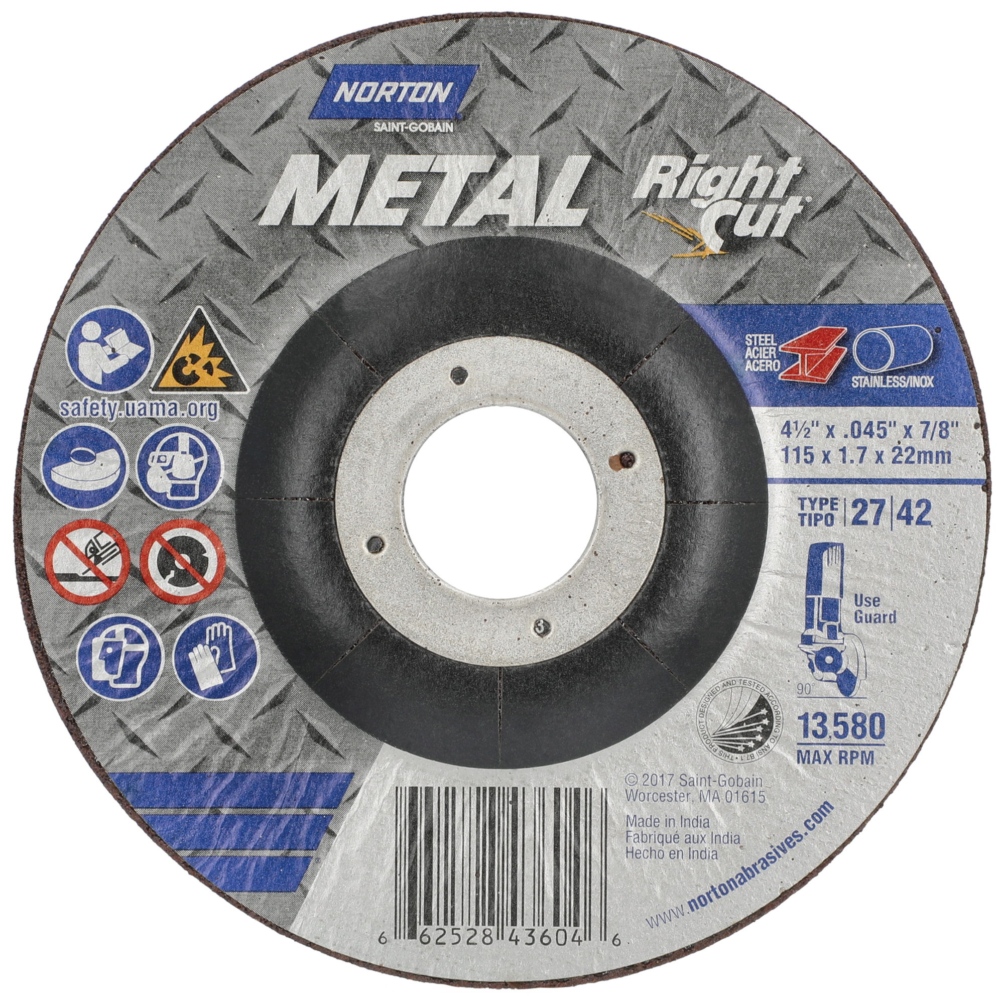 Meule à tronçonner métallique pour coupe à angle droit RightCut, 4-1/2" x 0,045", Arbre de 7/8", Type 27, Oxyde d'aluminium, 13580 Tr/min