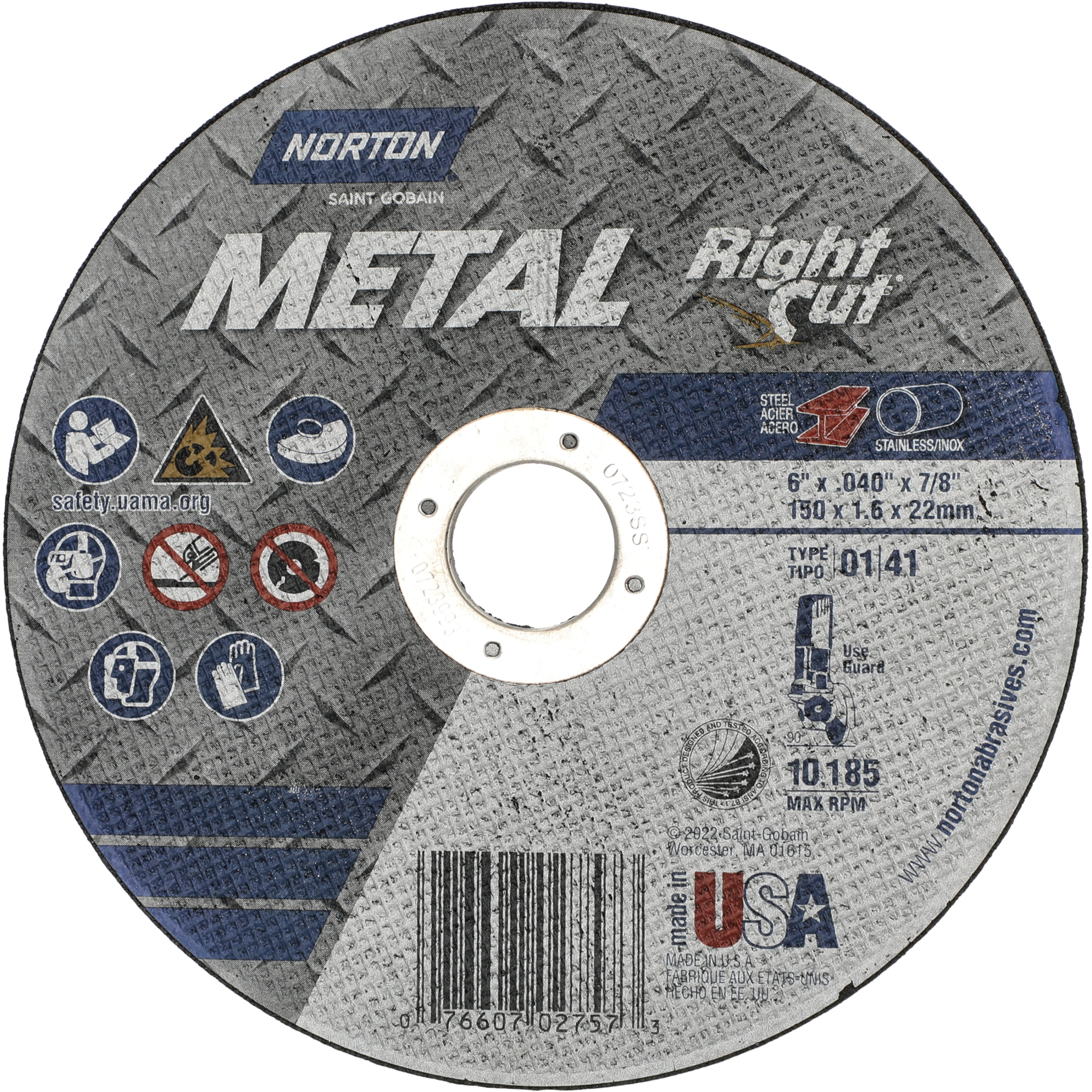 Meule à tronçonner métallique pour coupe à angle droit RightCut, 6" x 0,04", Arbre de 7/8", Type 01/41, Oxyde d'aluminium, 10185 Tr/min