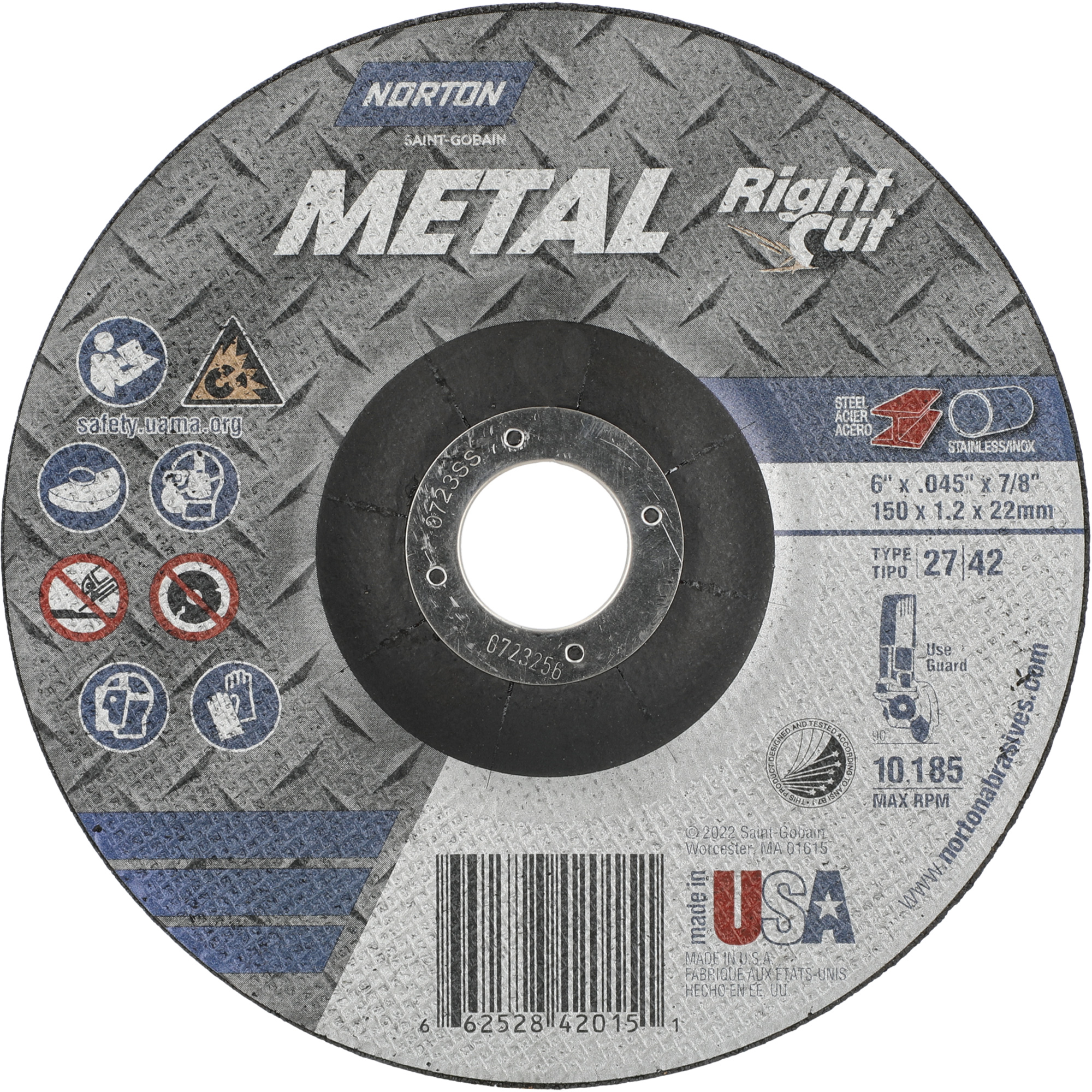 Meule à tronçonner métallique pour coupe à angle droit RightCut, 6" x 0,045", Arbre de 7/8", Type 27/42, Oxyde d'aluminium, 10190 Tr/min
