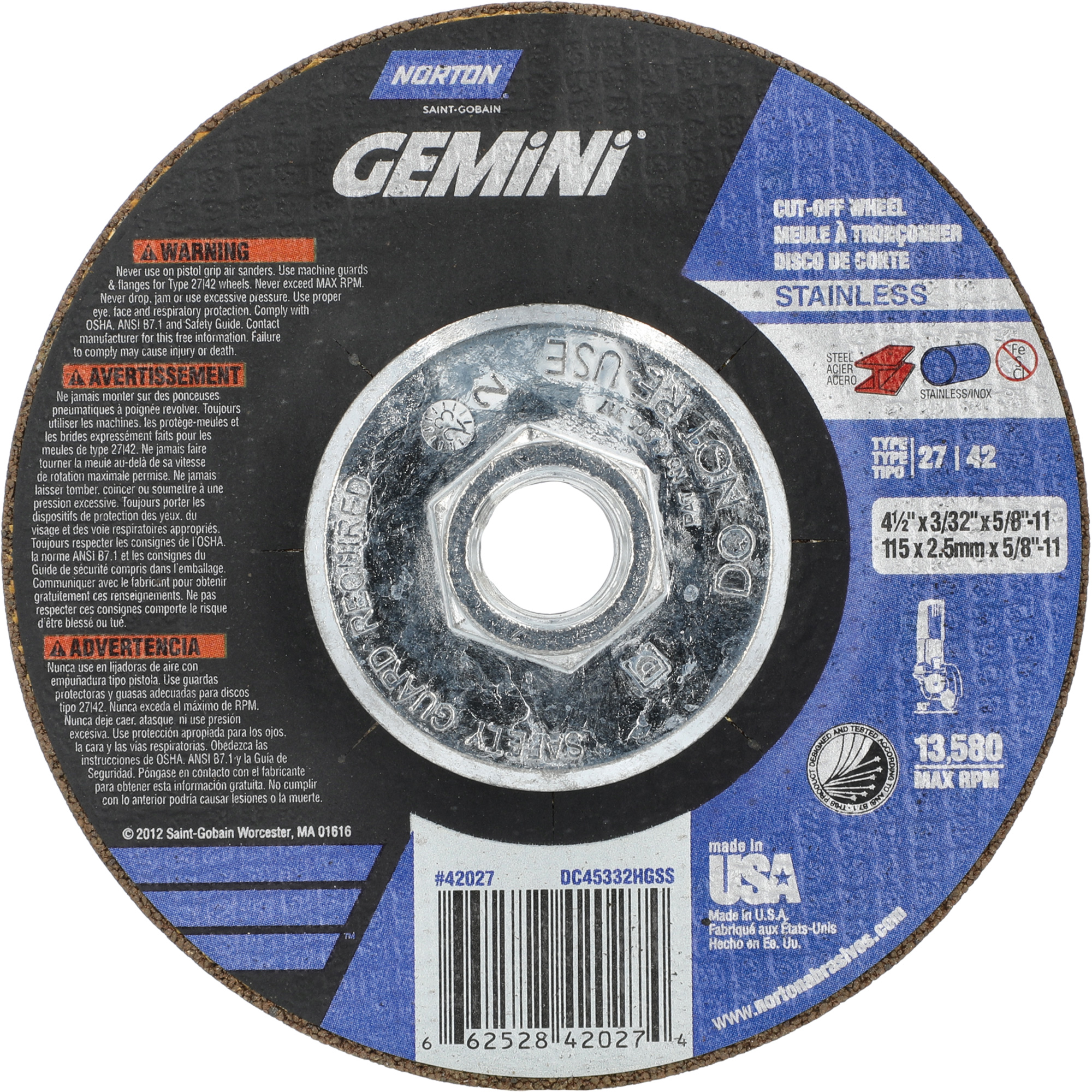 Meule à tronçonner pour coupe à angle droit INOX/SS Gemini, 4-1/2" x 3/32", Arbre de 5/8"-11, Type 27/42, Oxyde d'aluminium, 13580 Tr/min