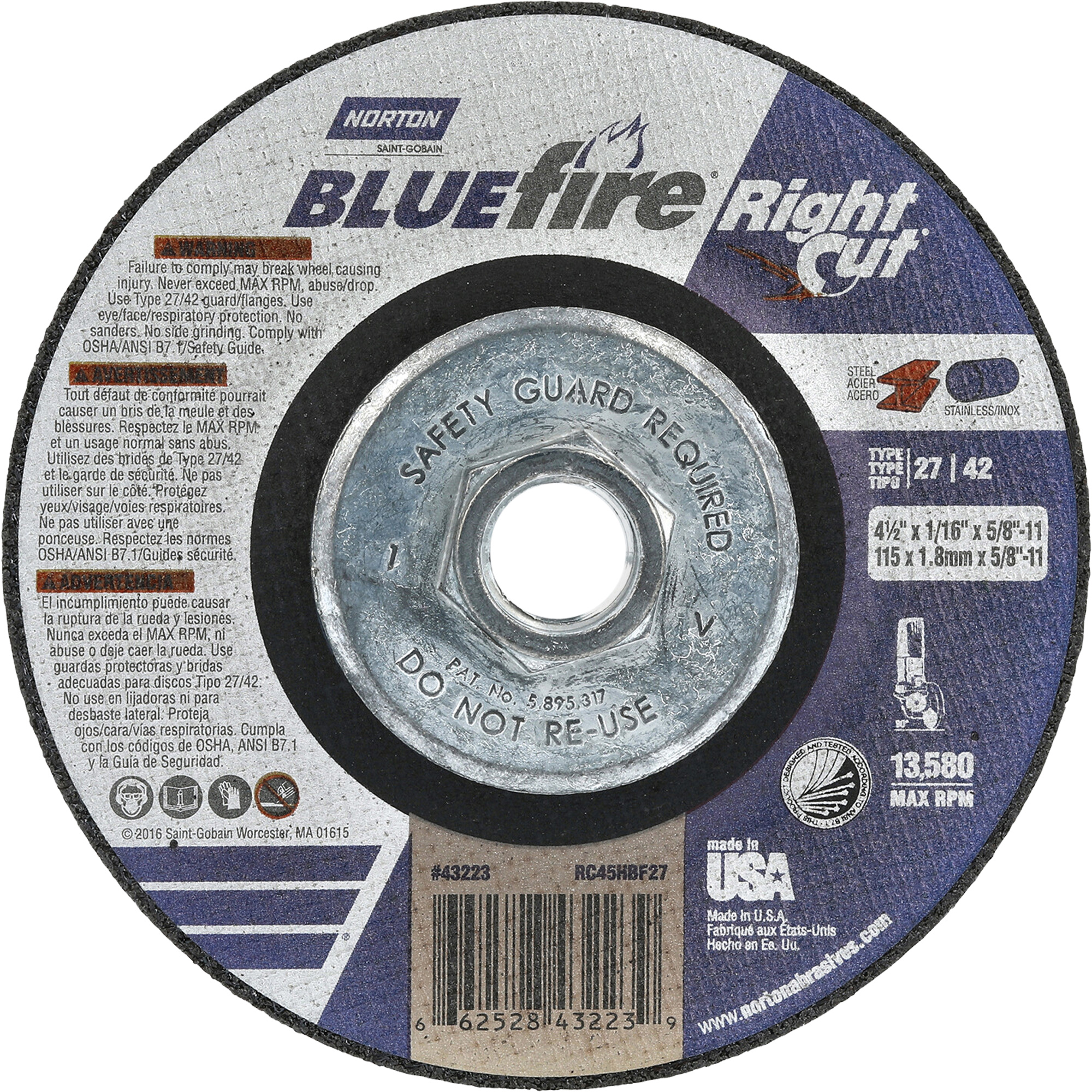 Meule à tronçonner pour coupe à angle droit RightCut BlueFire, 4-1/2" x 1/16", Arbre de 5/8"-11, Type 27/42, Oxyde d'aluminium, 13580 Tr/min