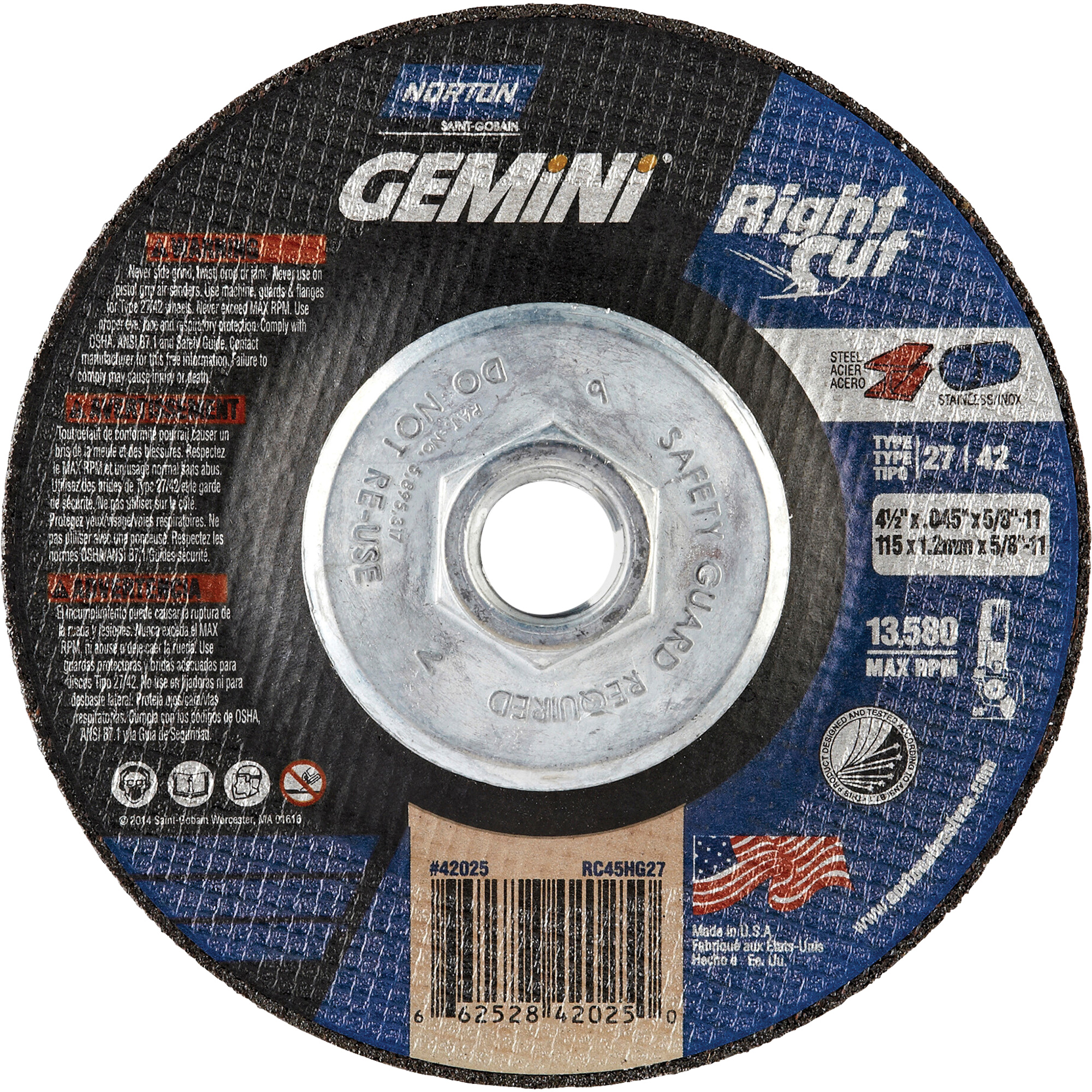Meule à tronçonner pour coupe à angle droit RightCut Gemini, 4-1/2" x 0,045", Arbre de 5/8"-11, Type 27/42, Oxyde d'aluminium, 13580 Tr/min