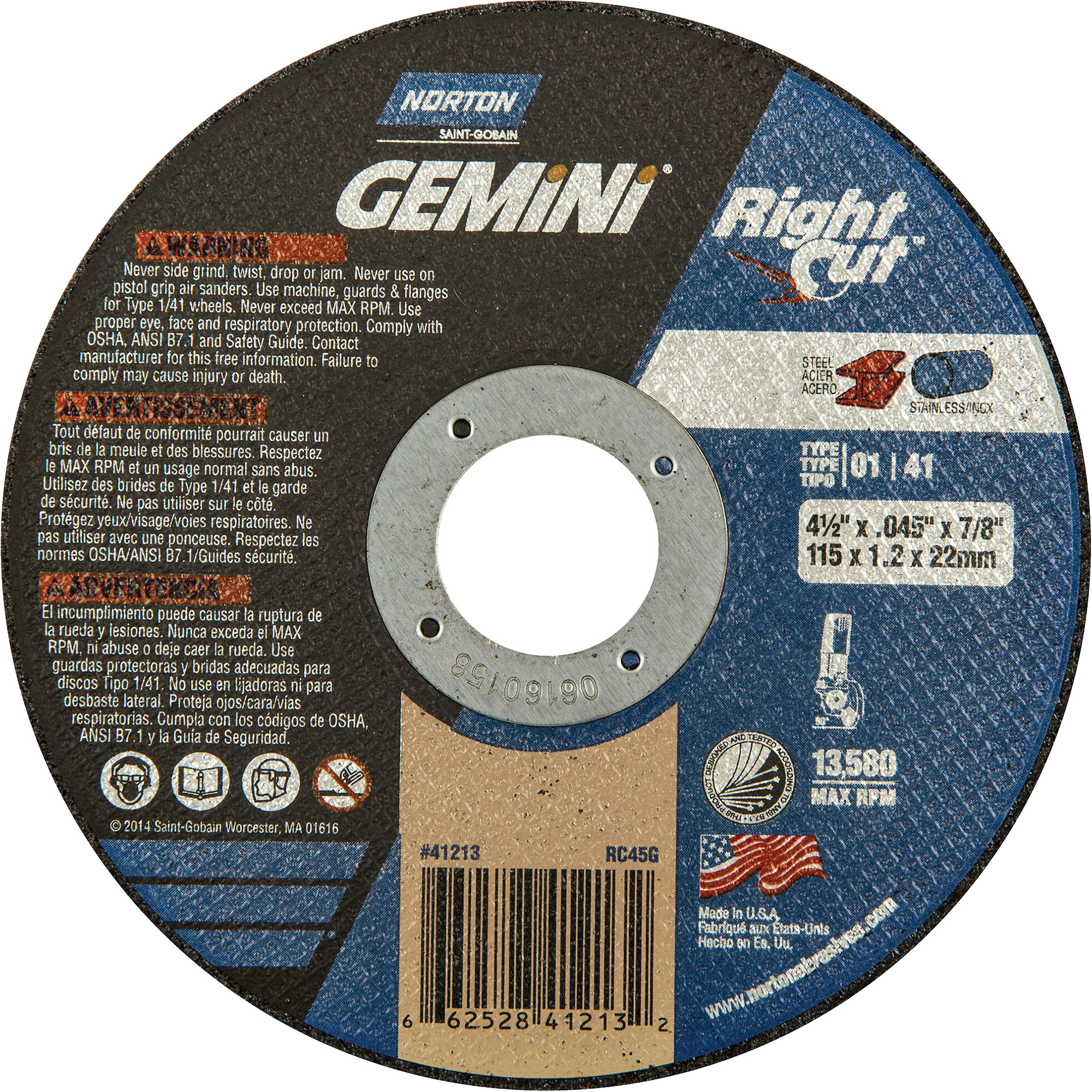 Meule à tronçonner pour coupe à angle droit RightCut Gemini, 4-1/2" x 0,045", Arbre de 7/8", Type 01/41, Oxyde d'aluminium, 13580 Tr/min