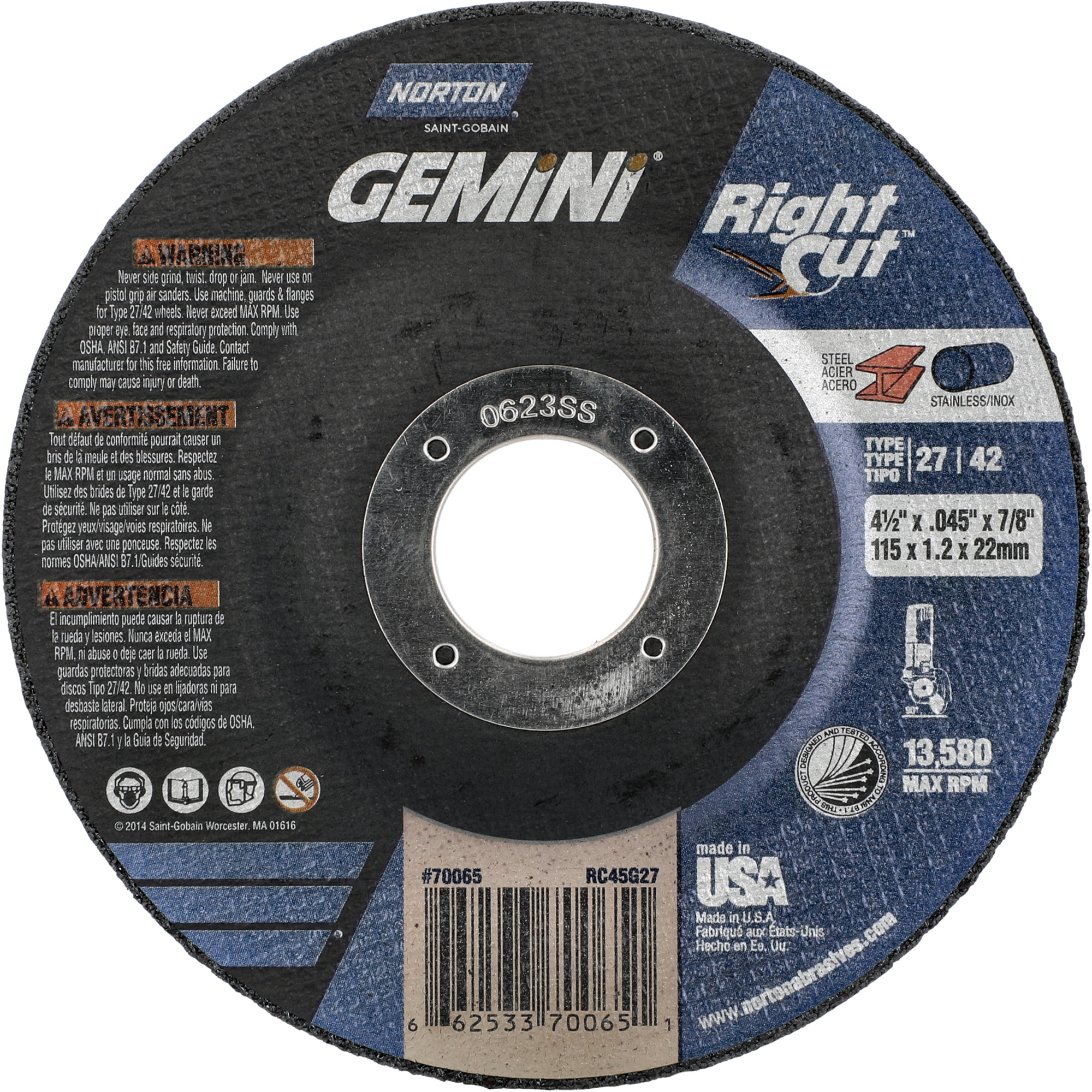 Meule à tronçonner pour coupe à angle droit RightCut Gemini, 4-1/2" x 0,045", Arbre de 7/8", Type 27/42, Oxyde d'aluminium, 13580 Tr/min