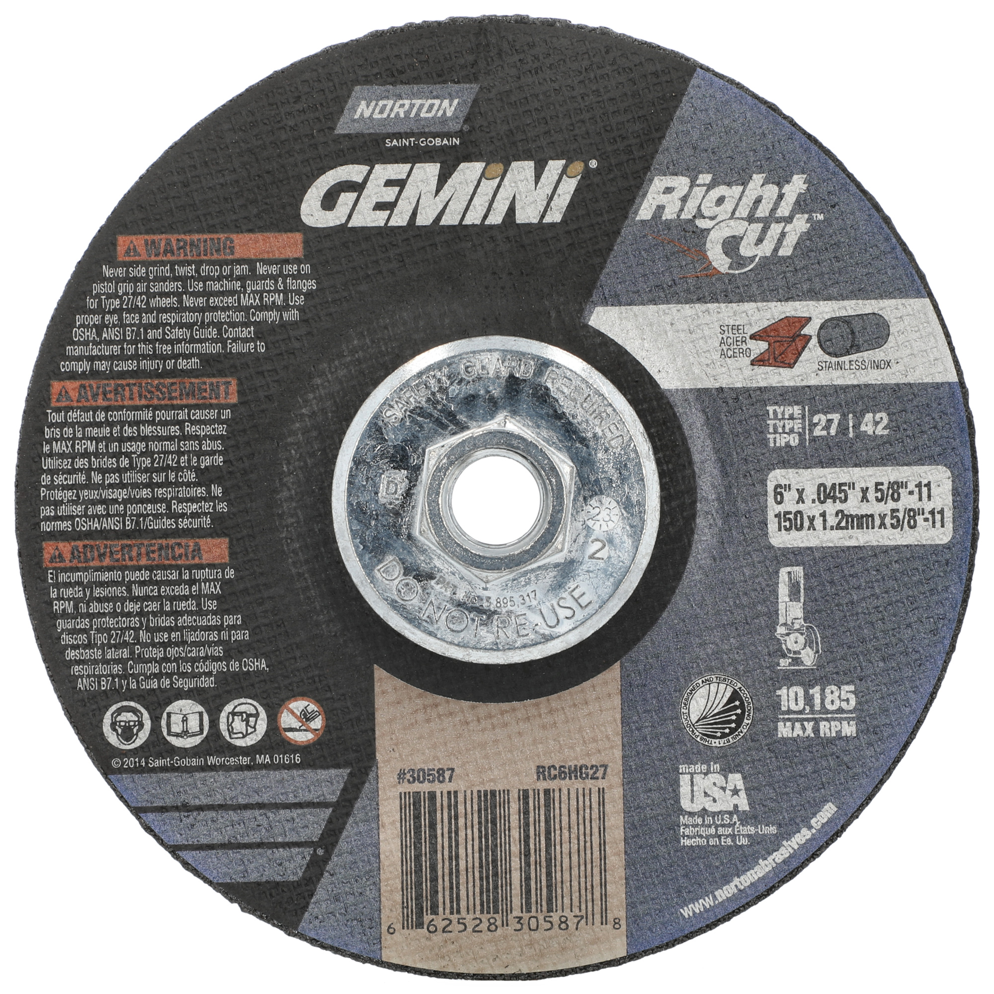Meule à tronçonner pour coupe à angle droit RightCut Gemini, 6" x 0,045", Arbre de 5/8"-11, Type 27/42, Oxyde d'aluminium, 10185 Tr/min