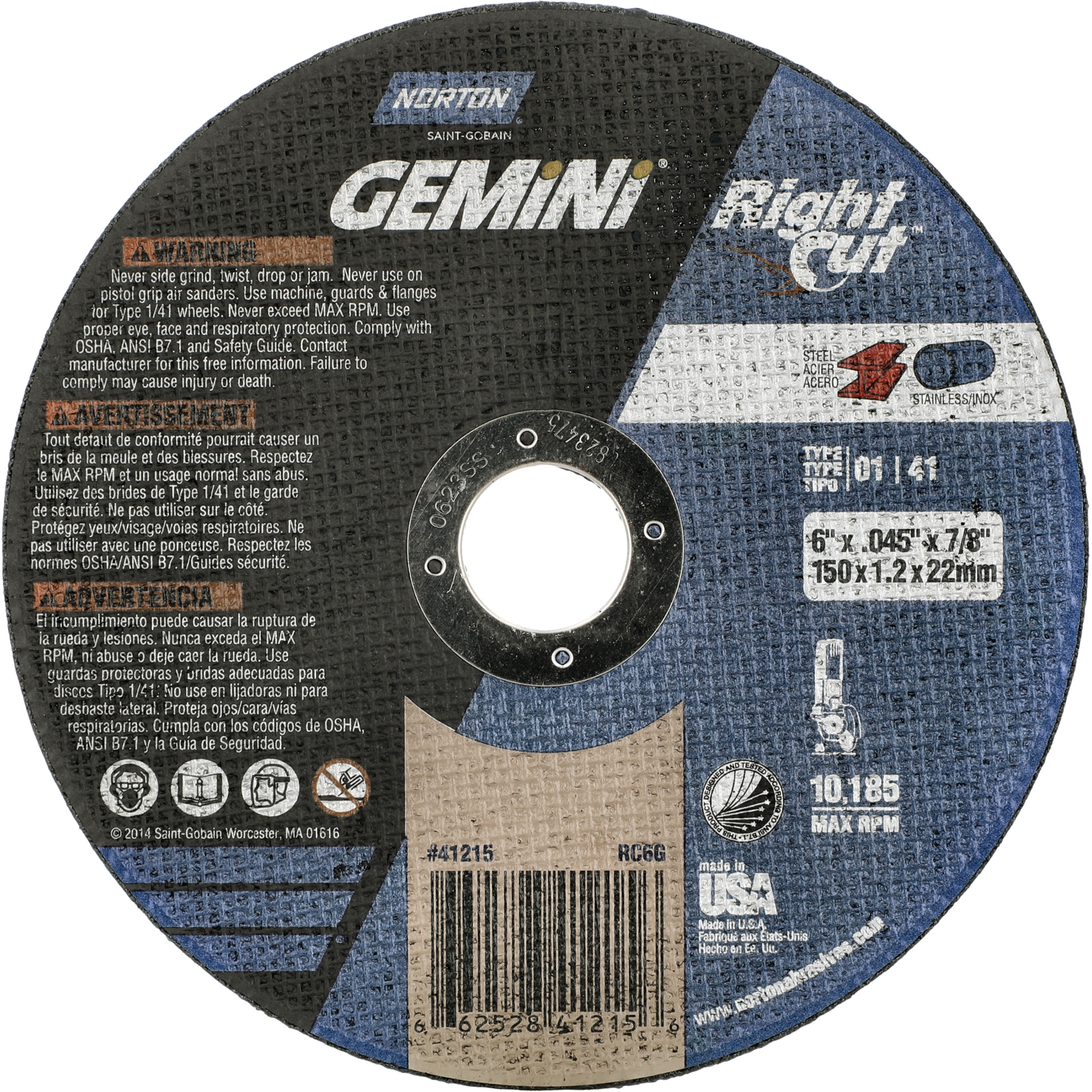 Meule à tronçonner pour coupe à angle droit RightCut Gemini, 6" x 0,045", Arbre de 7/8", Type 01/41, Oxyde d'aluminium, 10185 Tr/min
