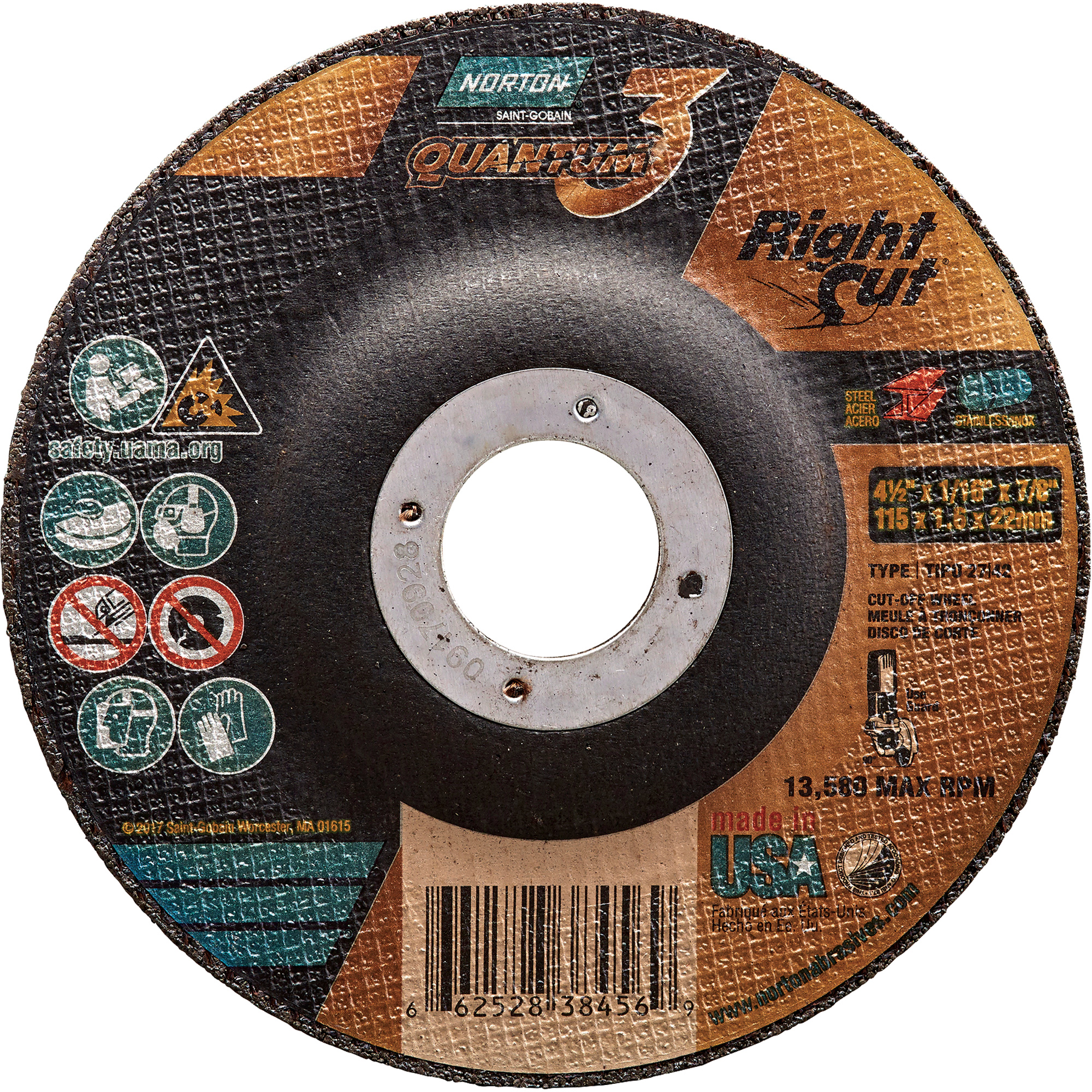 Meule à tronçonner Quantum3MC RightCutMC, 4-1/2" x 1/16", Arbre de 7/8", Type 27, Céramique d'alumine, 13580 Tr/min