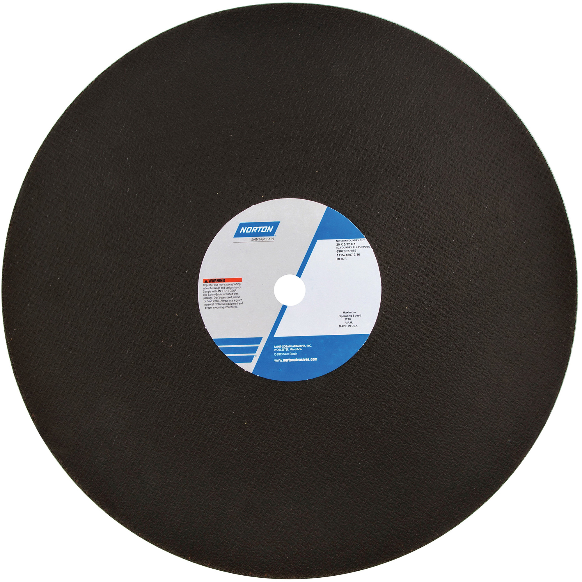 Meule à tronçonner renforcée pour fonderie, 20" x 5/32", Arbre de 1", Type 01/41, Alumine de zirconium, 2710 Tr/min