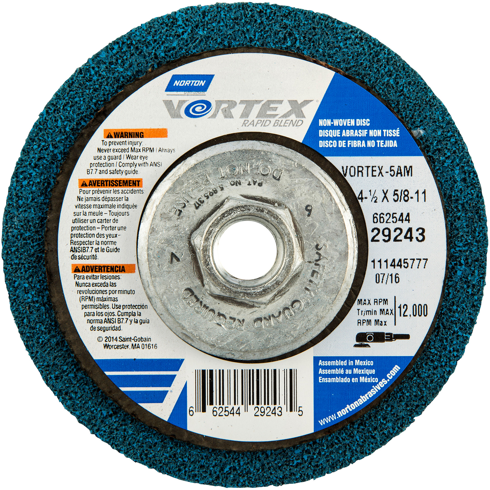 Meule abrasive non tissée à moyeu déporté Vortez Rapid BlendMC, 4-1/2" dia., Grain 100-120, Oxyde d'aluminium
