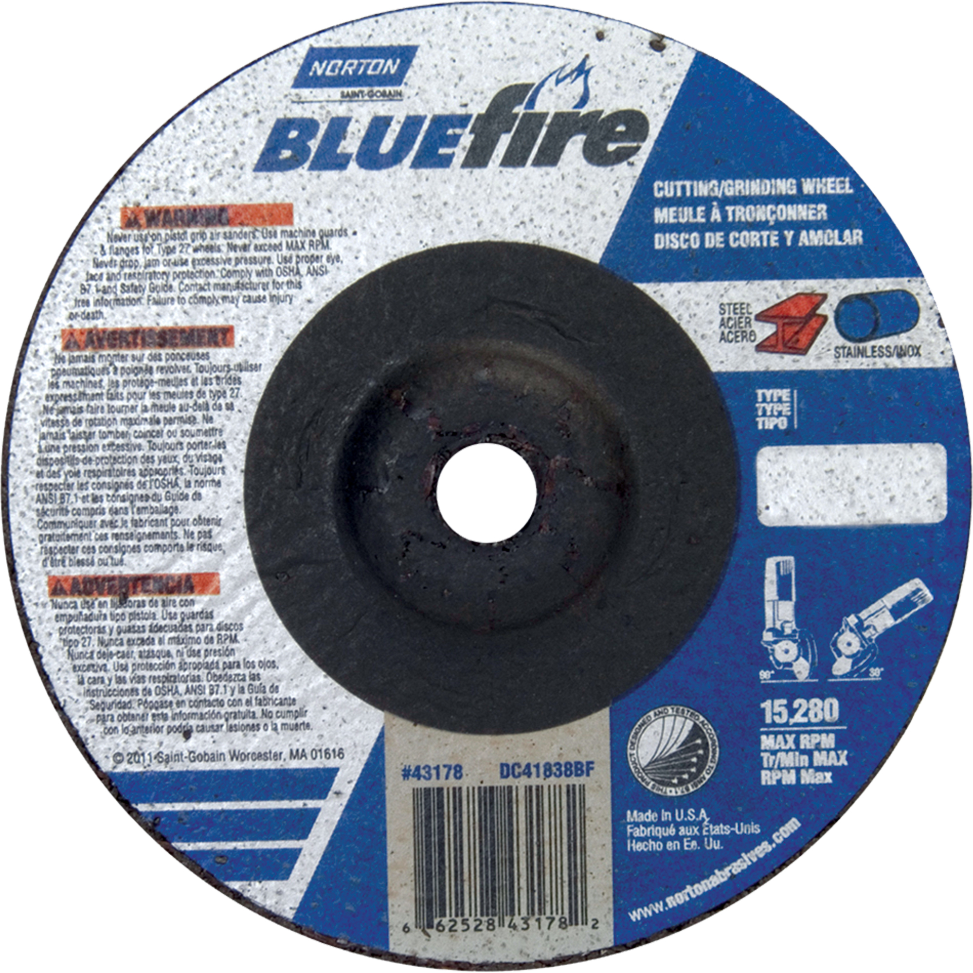 Meule BluefireMD, 6" x 1/8", Arbre 7/8", Oxyde d'aluminium/Zirconium, Type 27