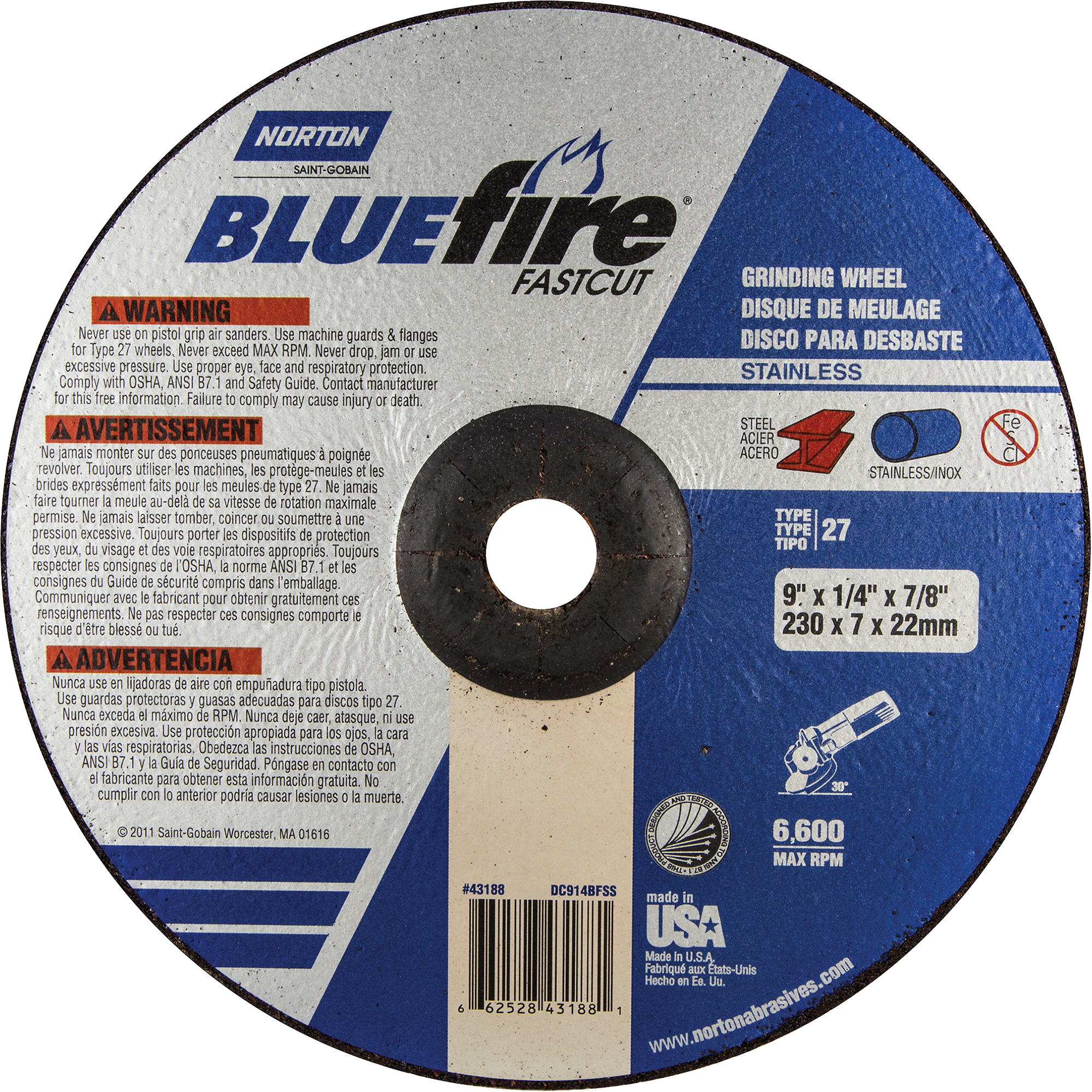 Meule BluefireMD, 9" x 1/4", Arbre 7/8", Oxyde d'aluminium/Zirconium, Type 27