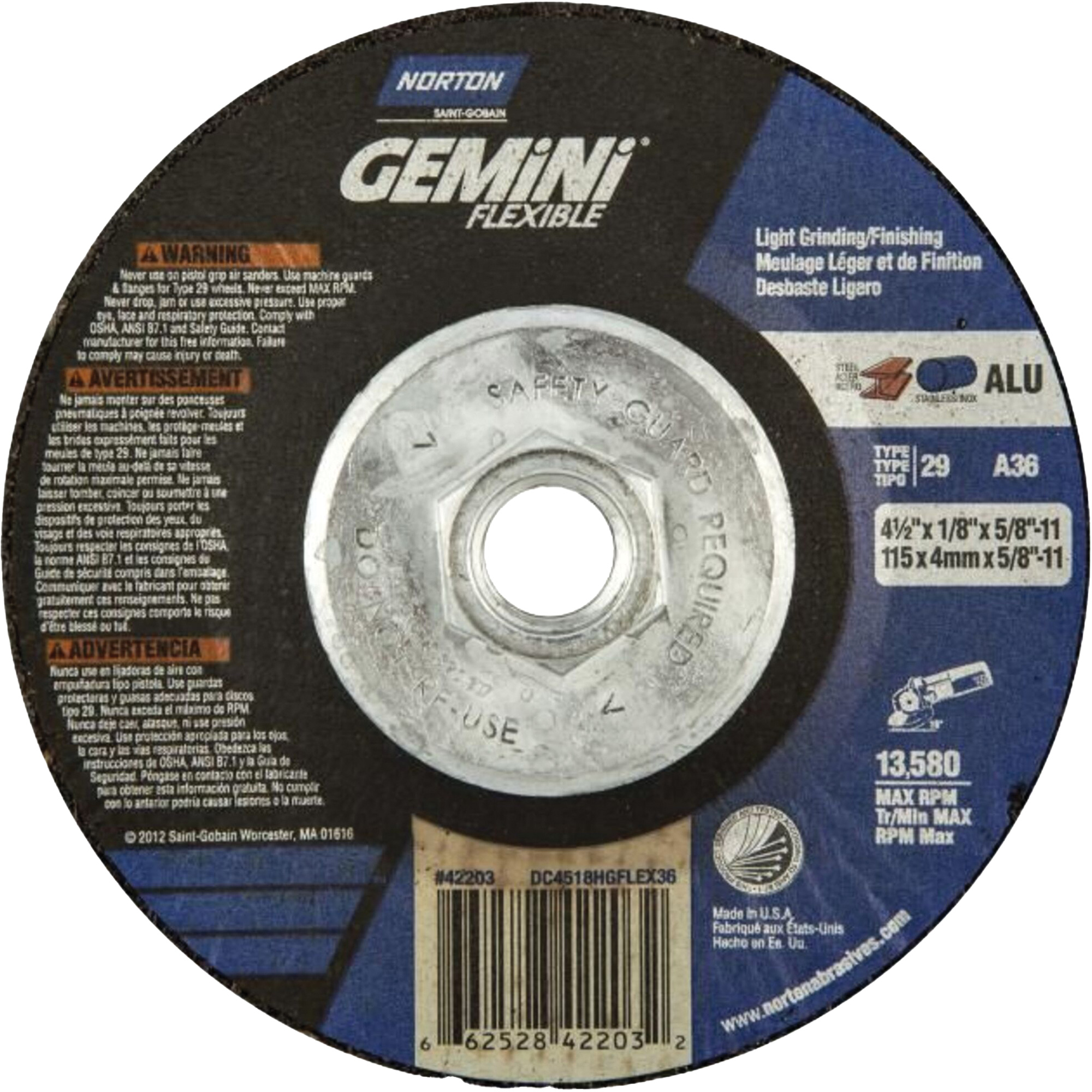 Meule et meule à tronçonner combinée et flexible Gemini A AO, 4-1/2" x 1/8", Arbre de 5/8"-11, Type 29, Oxyde d'aluminium, 13580 Tr/min