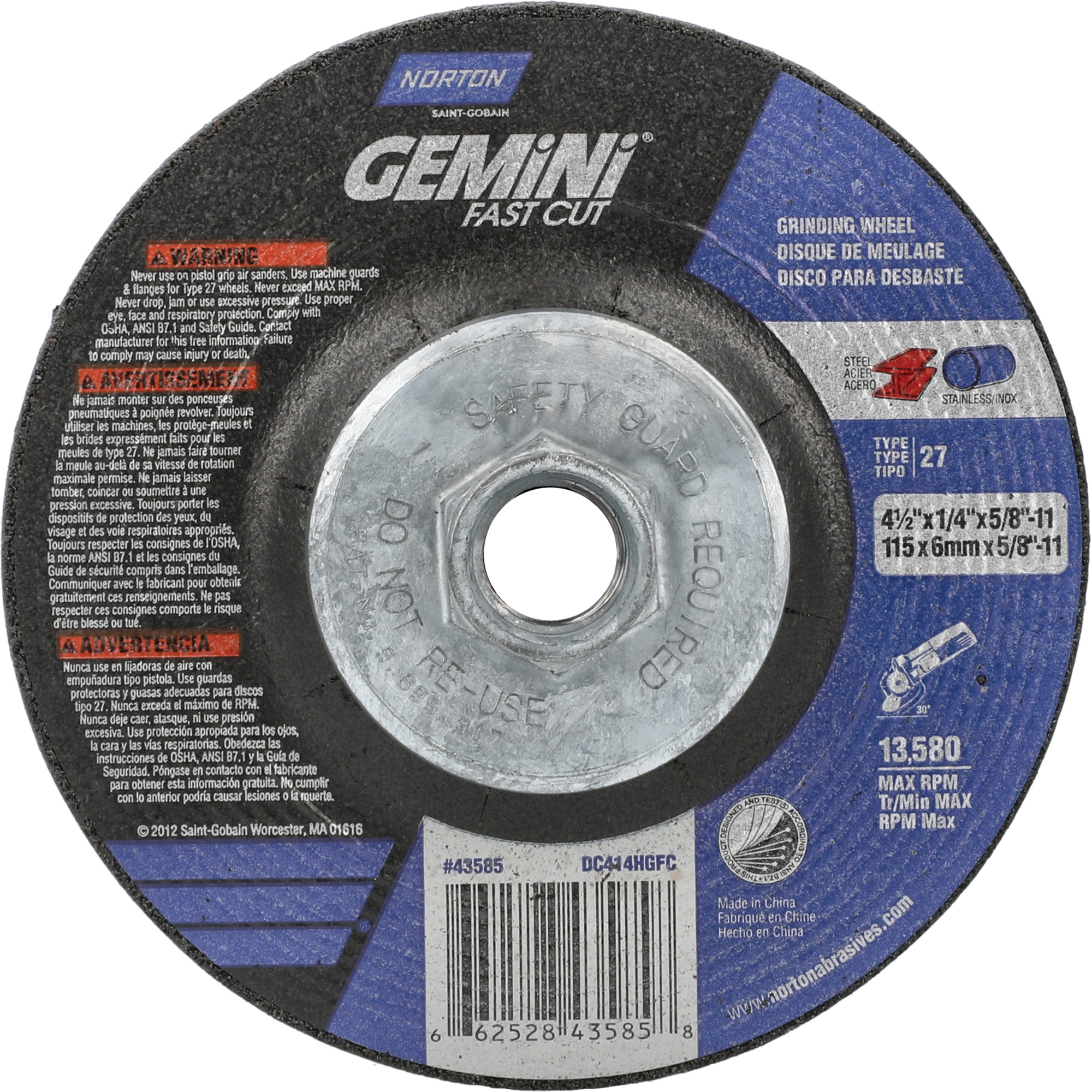 Meule Gemini, 4-1/2" x 1/4", Arbre 5/8"-11, Oxyde d'aluminium, Type 27