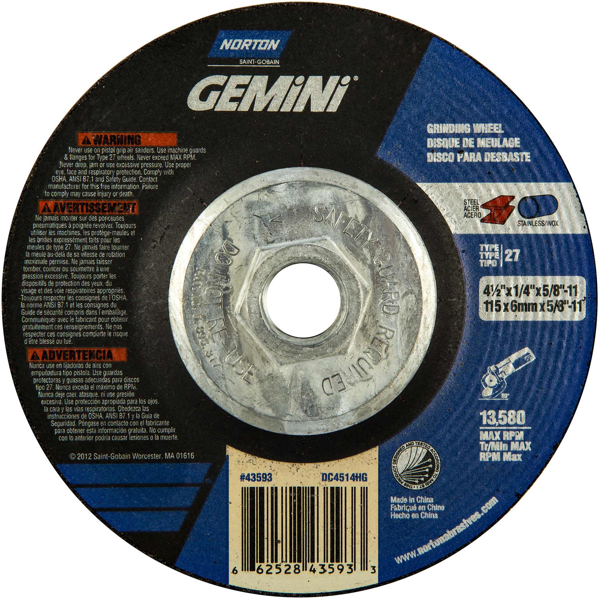 Meule GeminiMD, 4-1/2" x 1/4", Arbre de 5/8"-11, Type 27, Oxyde d'aluminium, 13580 Tr/min