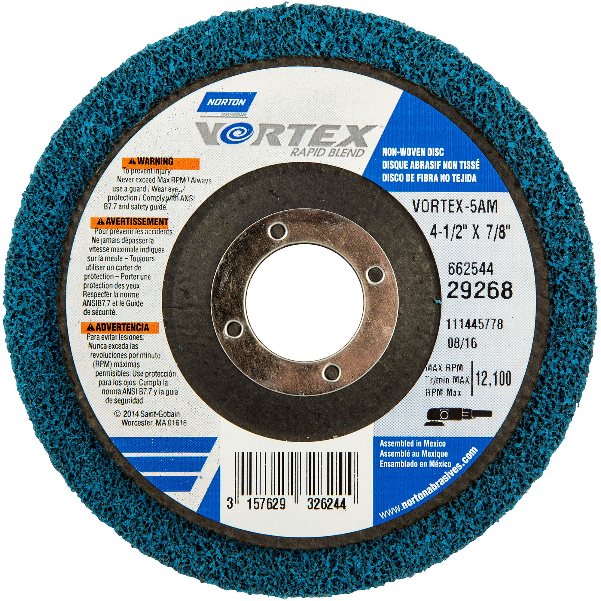 Meule non tissée Vortex, 4-1/2" dia. x 1/2" la, Arbre 7/8", Oxyde d'aluminium