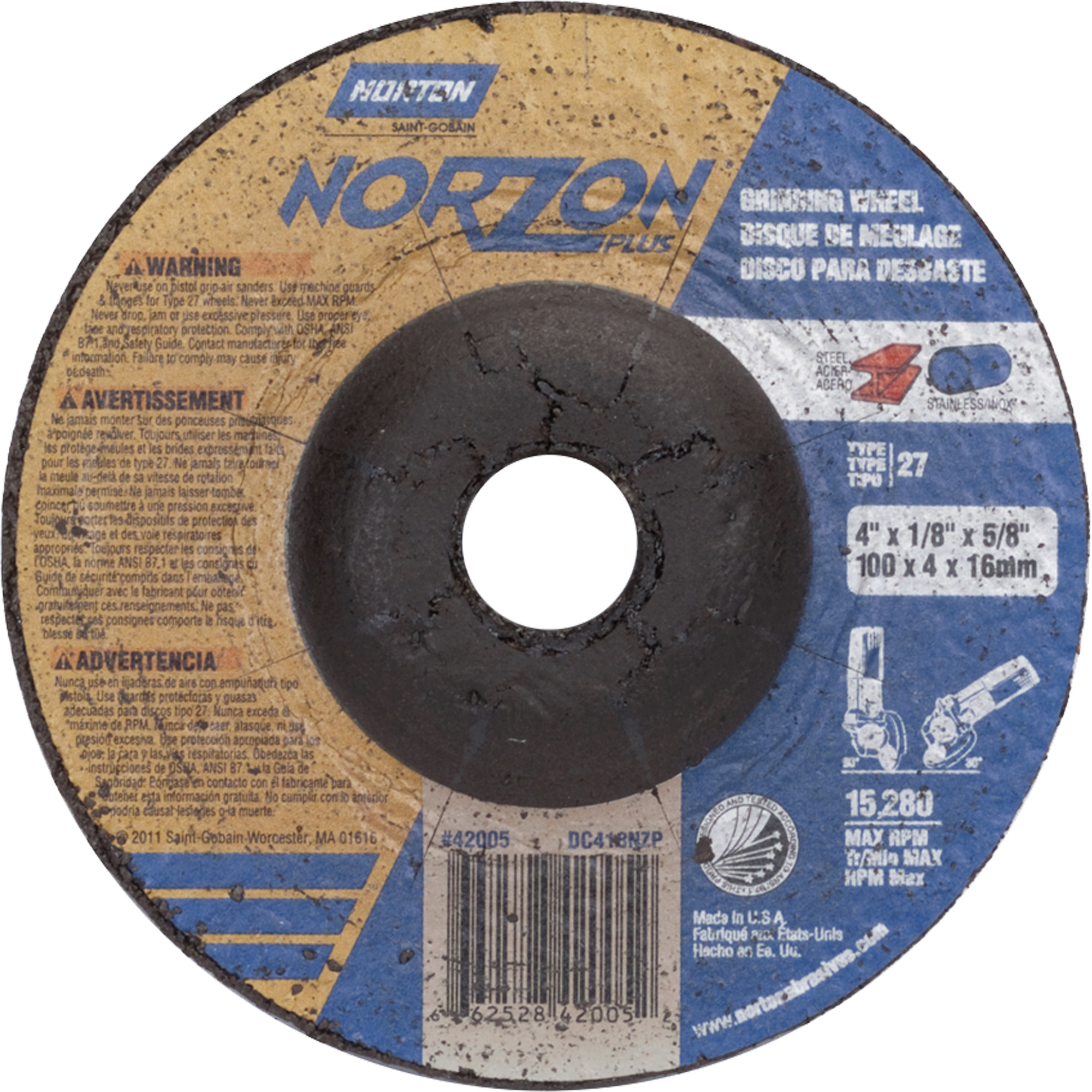 Meule NorZon Plus SGZ, 4" x 1/8", Arbre 5/8", Céramique d'alumine, Type 27