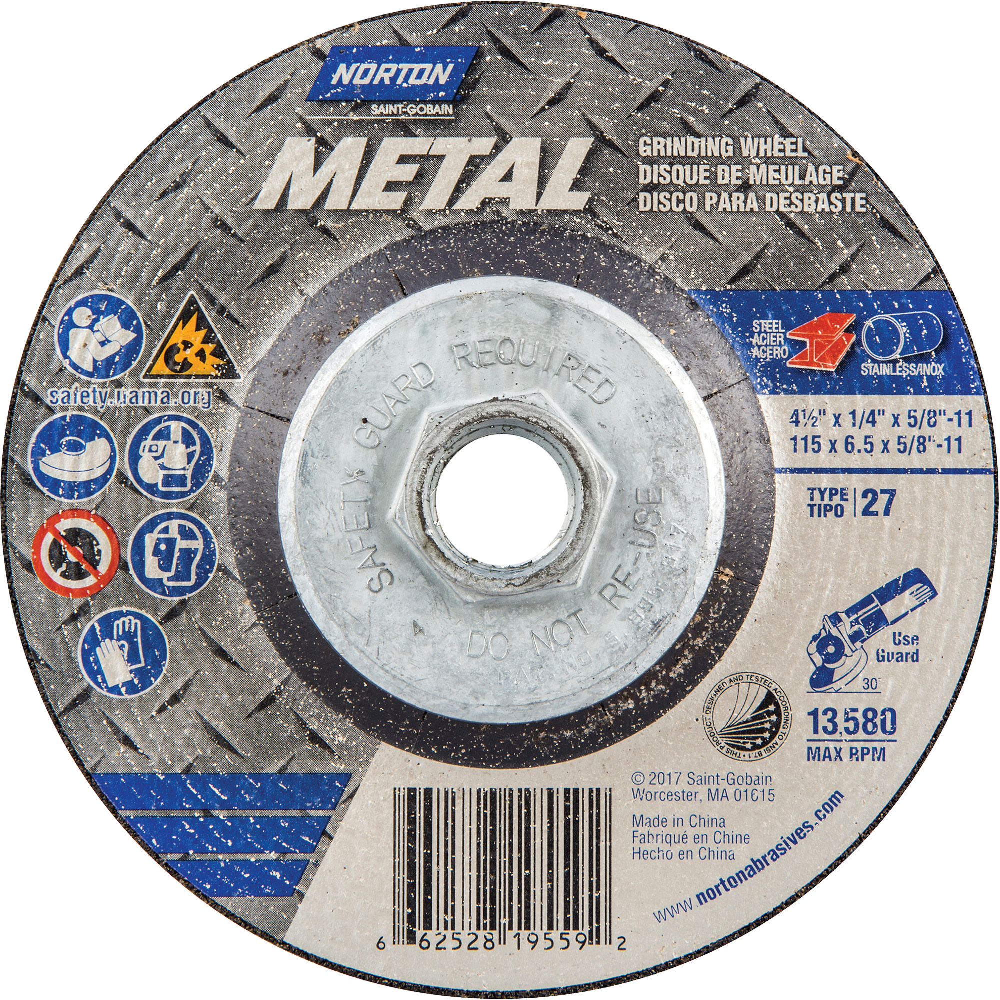 Meule pour le métal, 4-1/2" x 1/4", Arbre 5/8"-11, Oxyde d'aluminium, Type 27