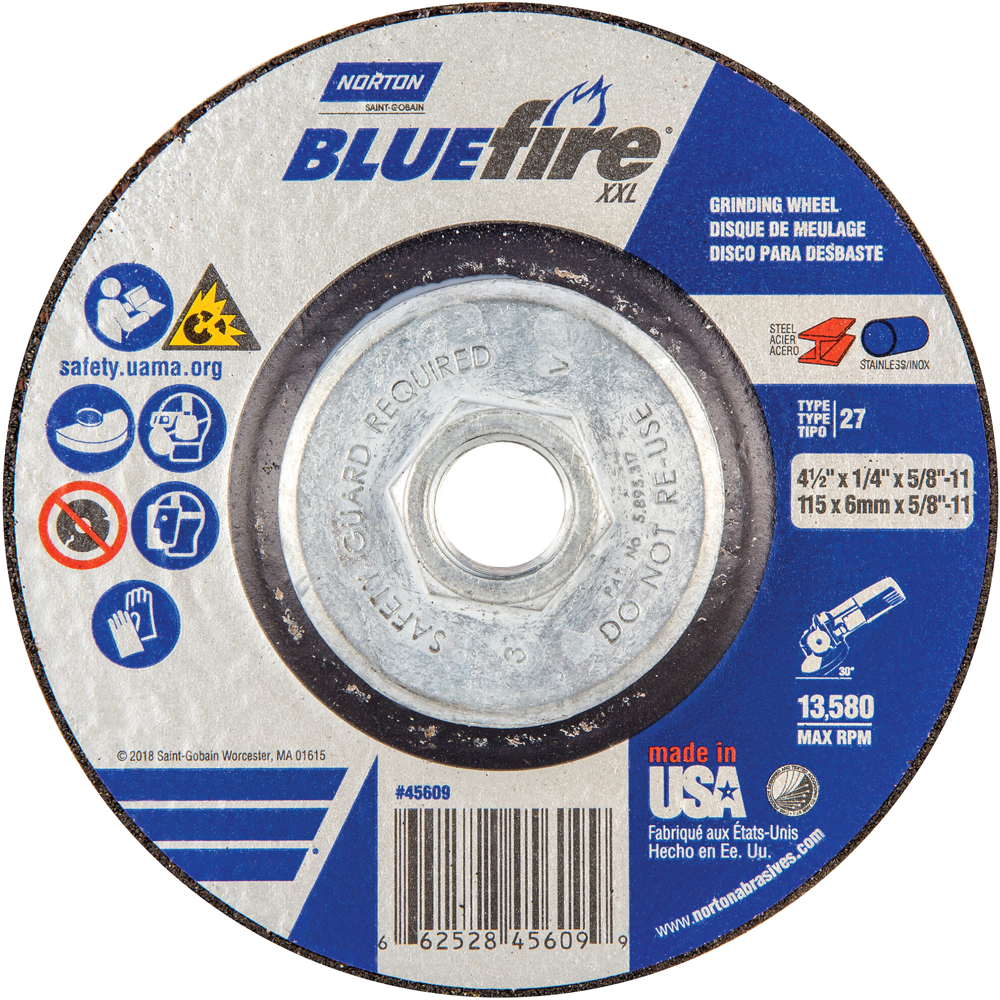 Meule XXL BlueFireMD, 4-1/2" x 1/4", Arbre 5/8", Céramique d'alumine, Type 27