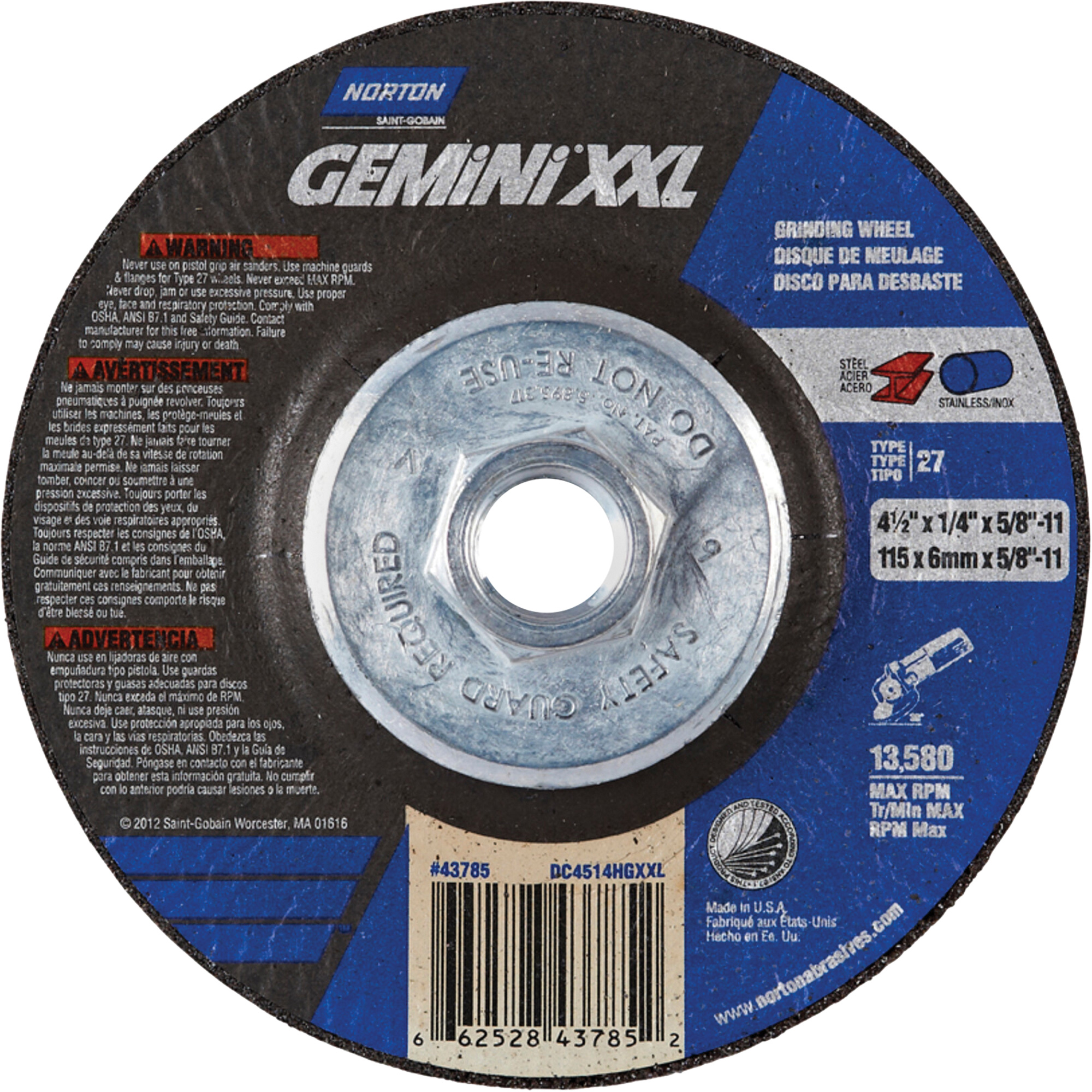 Meule XXL Gemini, 4-1/2" x 1/4", Arbre 5/8"-11, Oxyde d'aluminium, Type 27