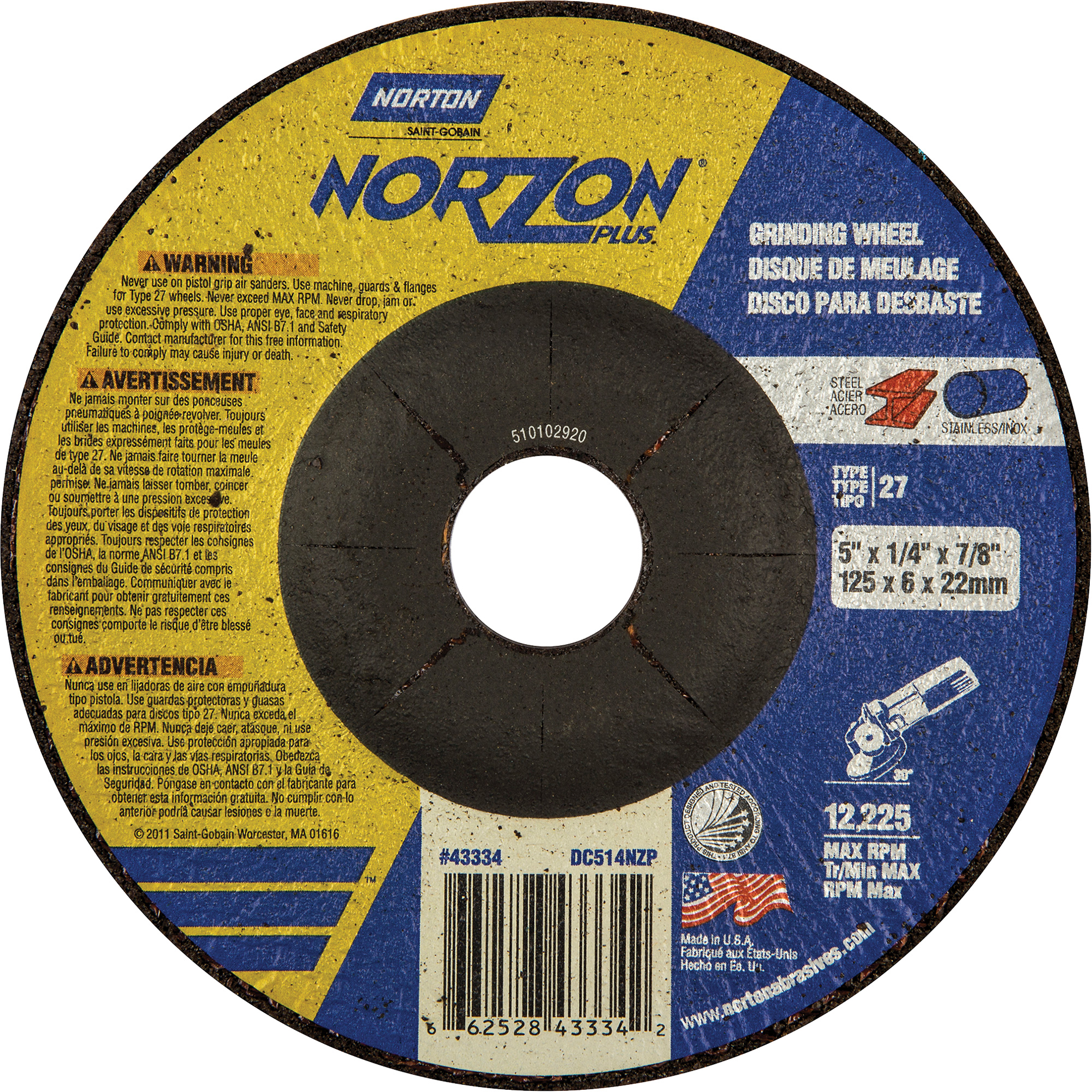 Meules à moyeu déporté Norzon PlusMD, 5" x 1/4", Arbre 7/8", Céramique/Zirconium, Type 27