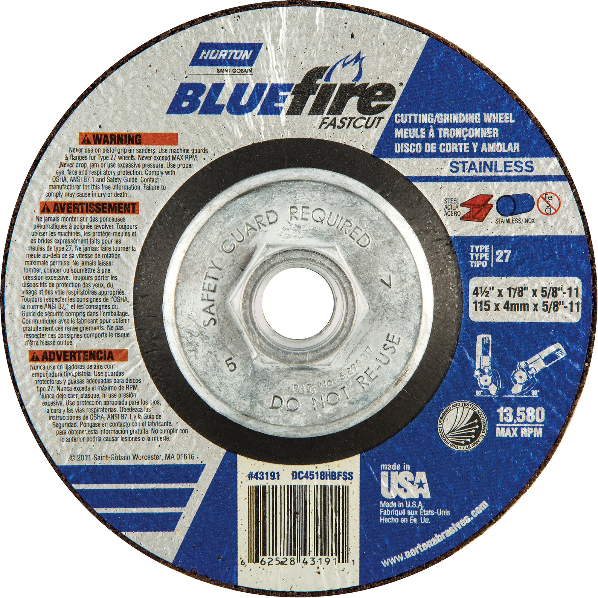 Meules à tronçonner BlueFireMD, 4-1/2" x 1/8", Arbre 5/8"-11, Alumine de zirconium, Type 27