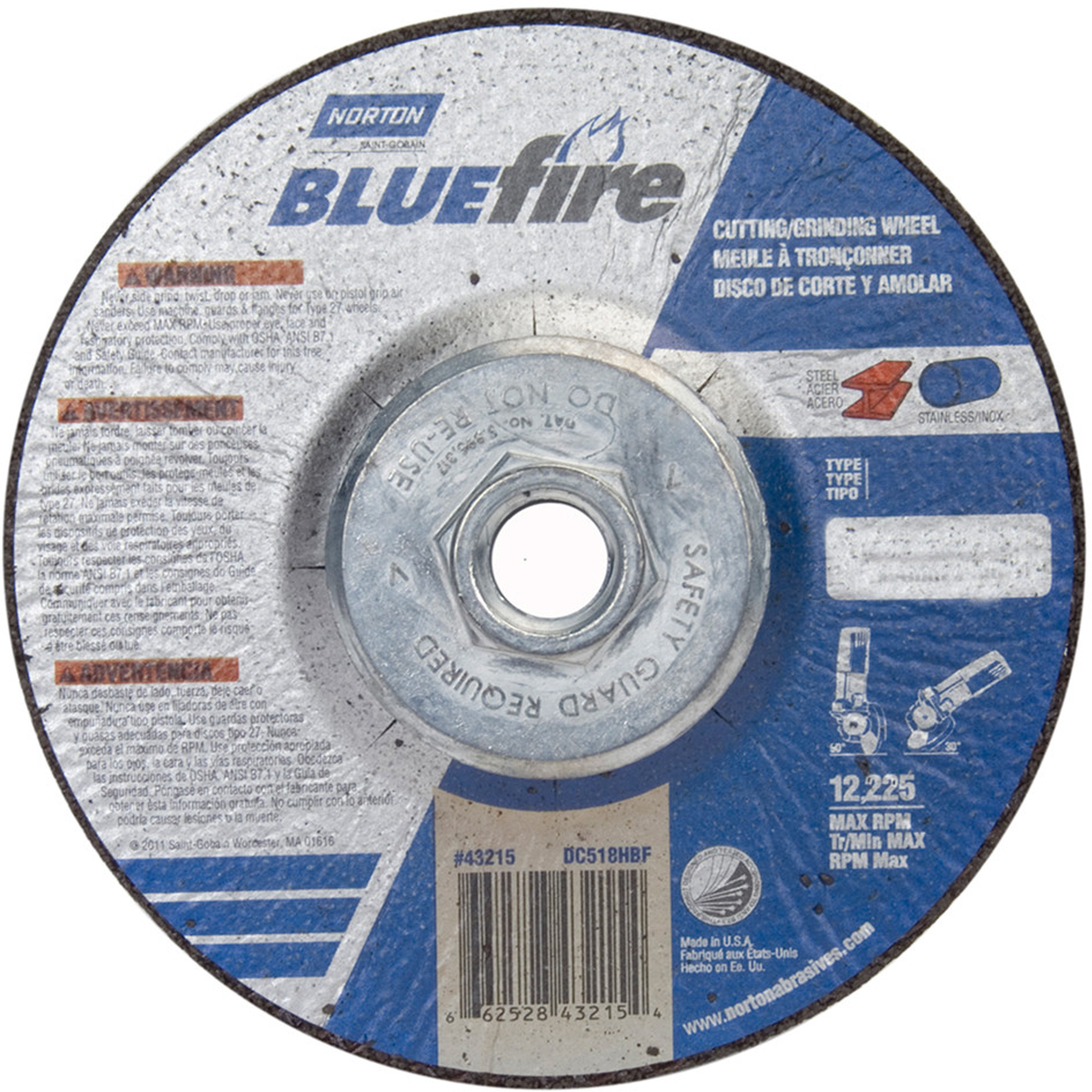 Meules à tronçonner BlueFireMD, 5" x 1/8", Arbre 5/8"-11, Alumine de zirconium, Type 27