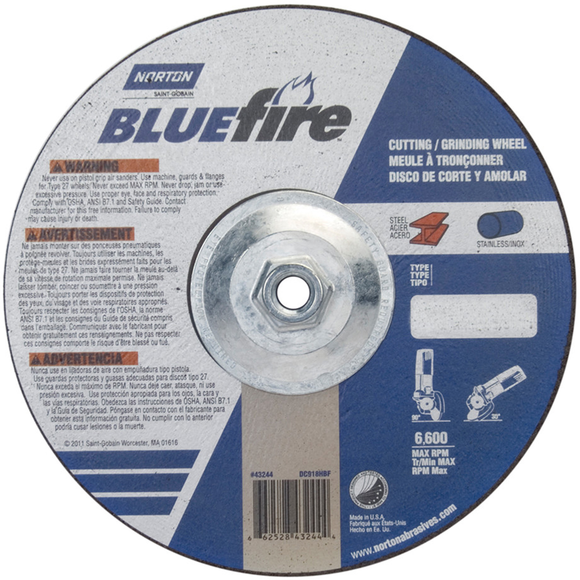 Meules à tronçonner BlueFireMD, 9" x 1/8", Arbre 5/8"-11, Alumine de zirconium, Type 27