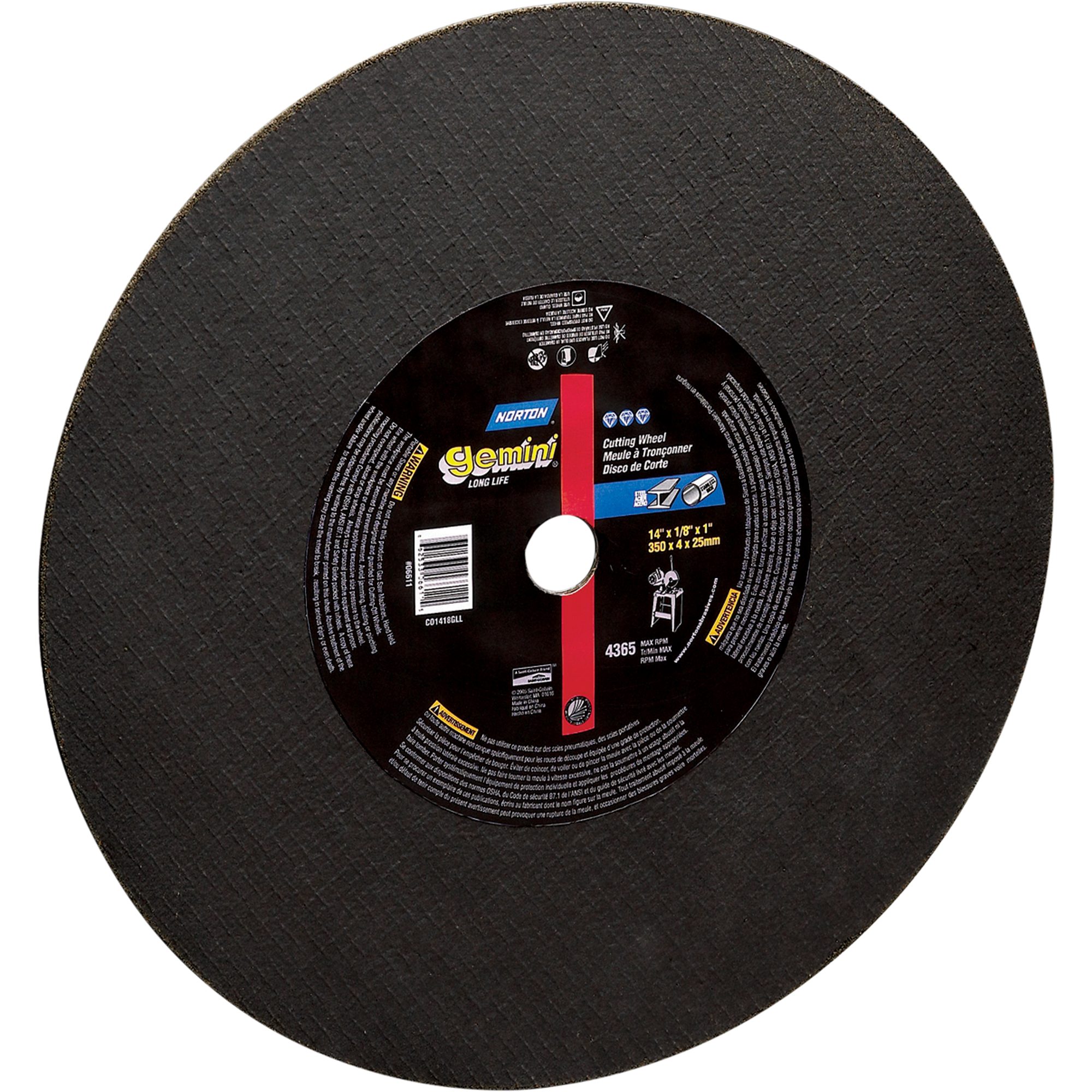 Meules à tronçonner renforcées grand diamètre pour scies fixes - GeminiMD grand diamètre, 12" x 1/8", Arbre de 1", Type 1, Oxyde d'aluminium, 5095 Tr/min