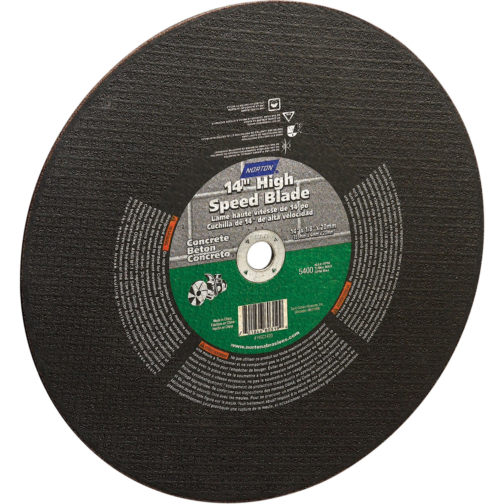 Meules à tronçonner renforcées haute vitesse, 16" x 1/8", Arbre de 1", Type 1, Carbure de silicium, 4800 Tr/min