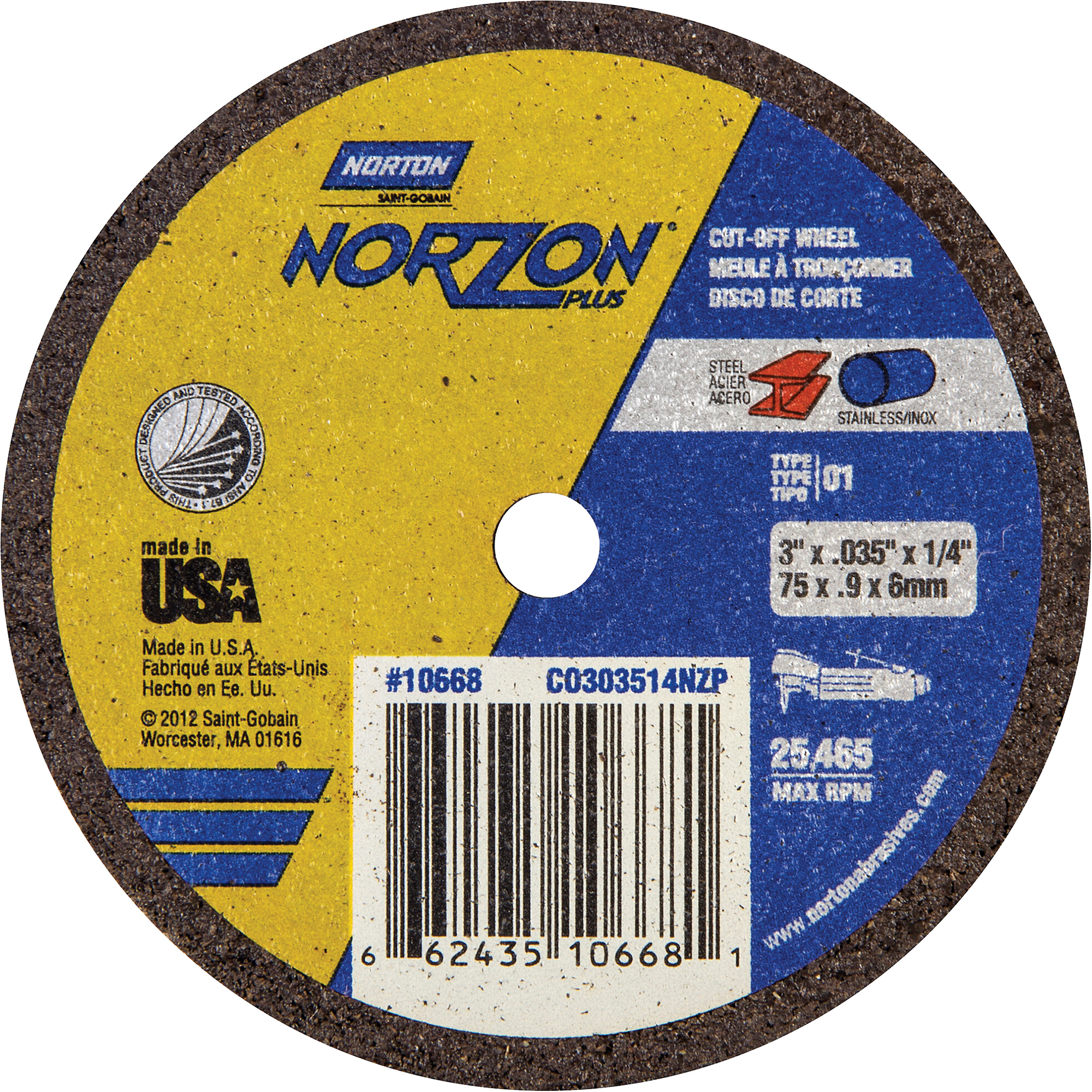 Meules à tronçonner renforcées portatives de petit diamètre - Norzon Plus, 3" x 0,035", Arbre de 1/4", Type 1, Céramique, 25465 Tr/min