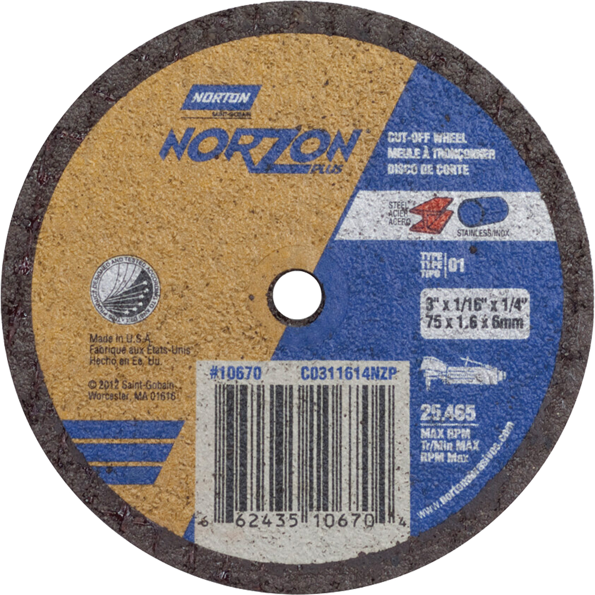 Meules à tronçonner renforcées portatives de petit diamètre - Norzon Plus, 3" x 1/16", Arbre de 1/4", Type 1, Céramique, 25465 Tr/min