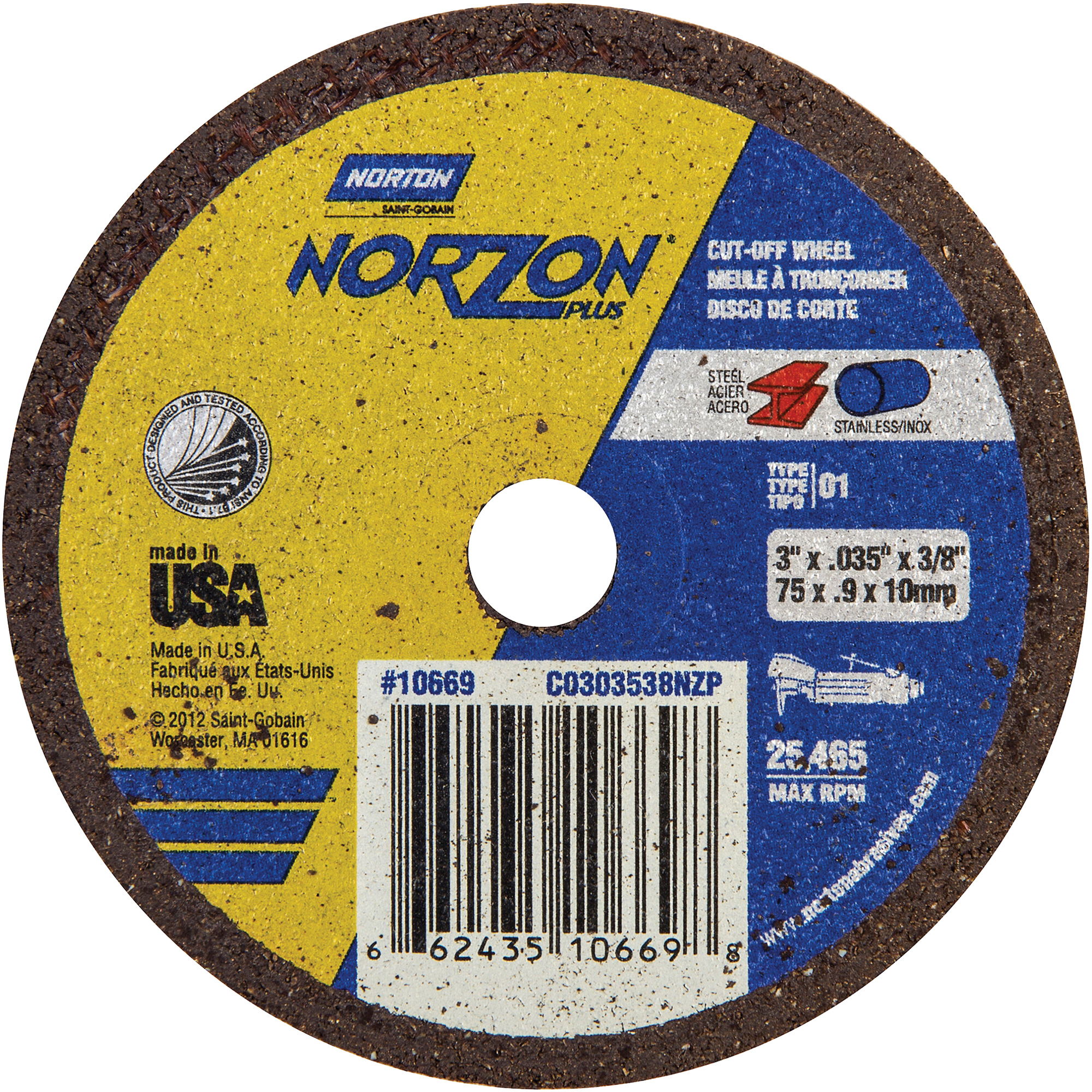 Meules à tronçonner renforcées portatives de petit diamètre - Norzon Plus, 3" x 1/32", Arbre de 3/8", Type 1, Céramique, 25465 Tr/min