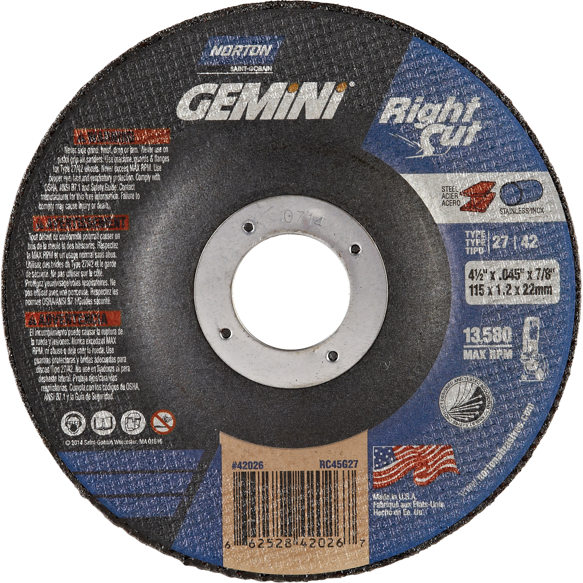 Meules à tronçonner renforcées pour meuleuse à angle droit RightcutMC, 4-1/2" x 0,045", Arbre de 7/8", Type 27, Oxyde d'aluminium, 13580 Tr/min