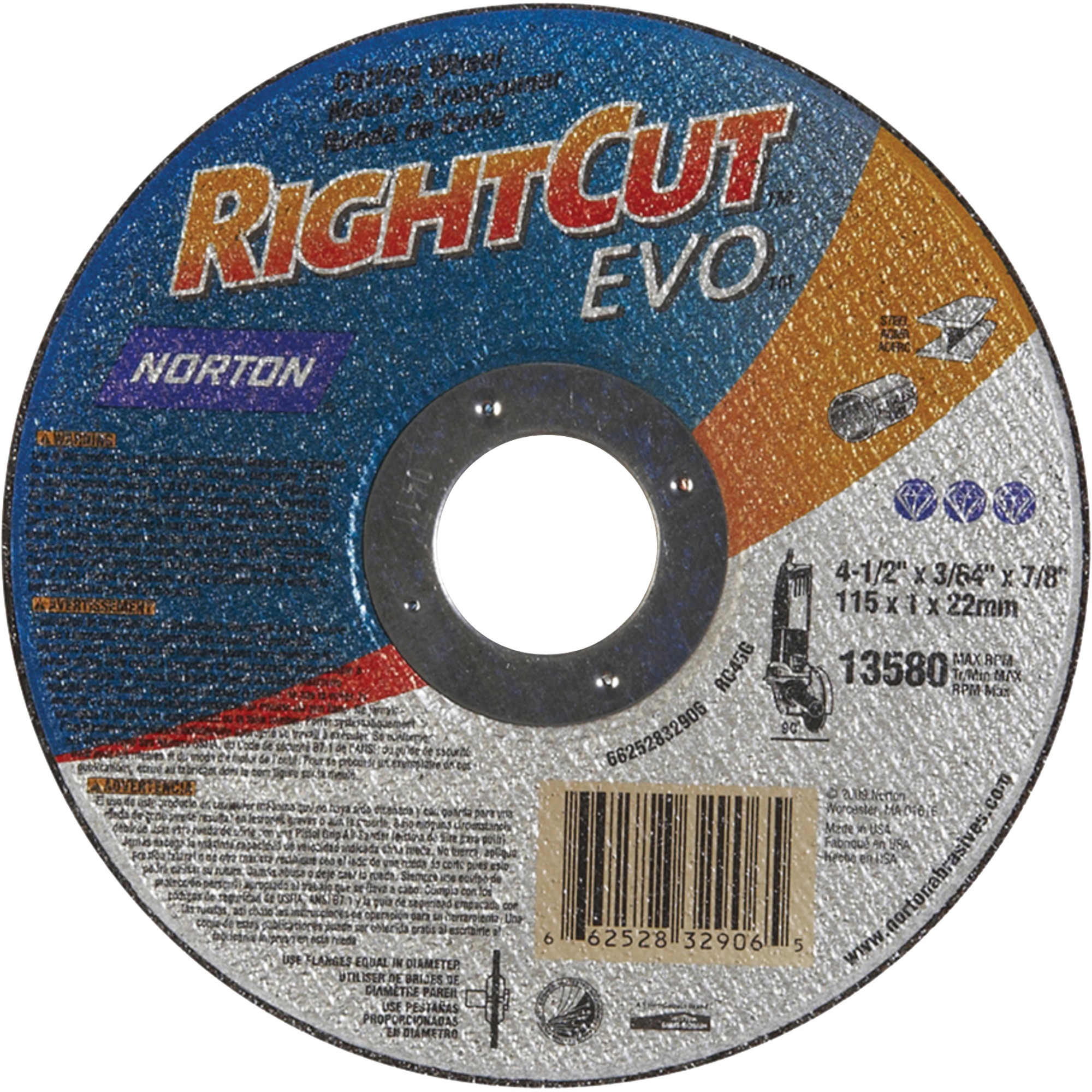 Meules à tronçonner renforcées pour meuleuses à angle droit - RightcutMC Evo, 7" x 0,045", Arbre de 7/8", Type 1, Oxyde d'aluminium, 8730 Tr/min