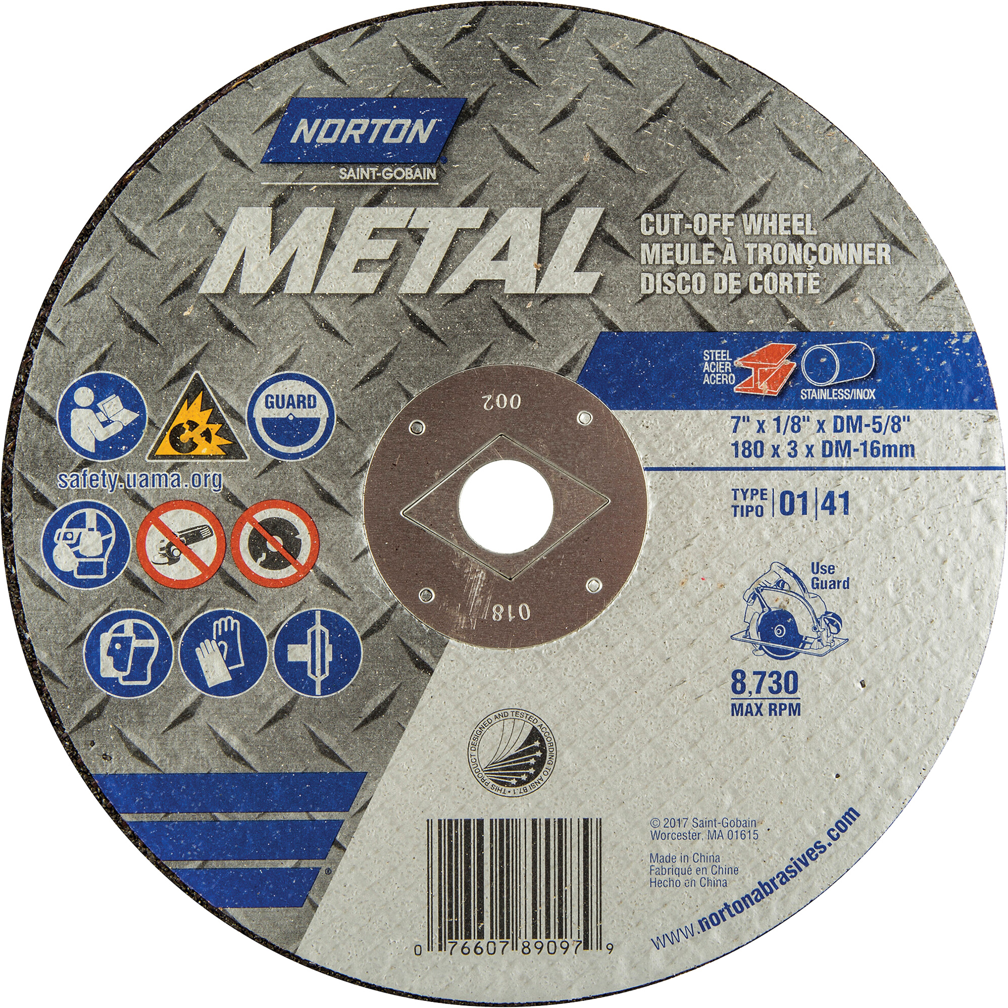 Meules à tronçonner renforcées pour scies circulaires - maçonnerie & métal, 7" x 1/8", Arbre de DM, Type 1, Oxyde d'aluminium, 8730 Tr/min
