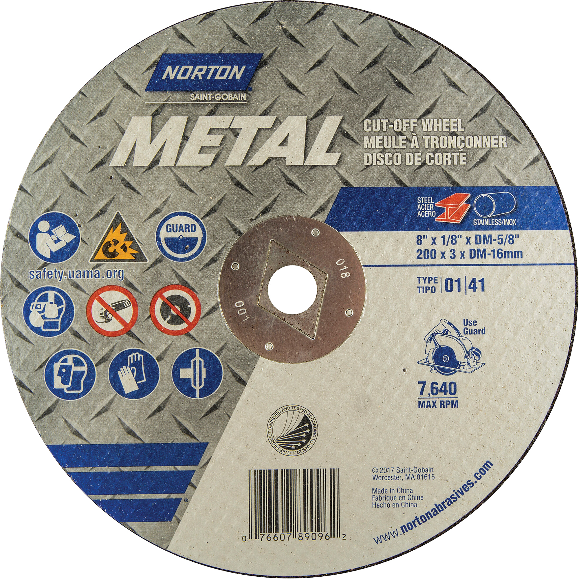 Meules à tronçonner renforcées pour scies circulaires - maçonnerie & métal, 8" x 1/8", Arbre de DM, Type 01/41, Oxyde d'aluminium, 7640 Tr/min