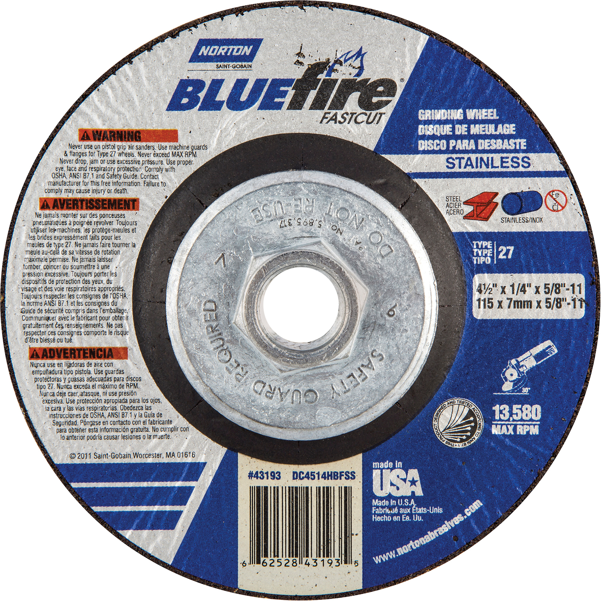 Meules BlueFireMD, 4-1/2" x 1/4", Arbre 5/8"-11, Alumine de zirconium, Type 27