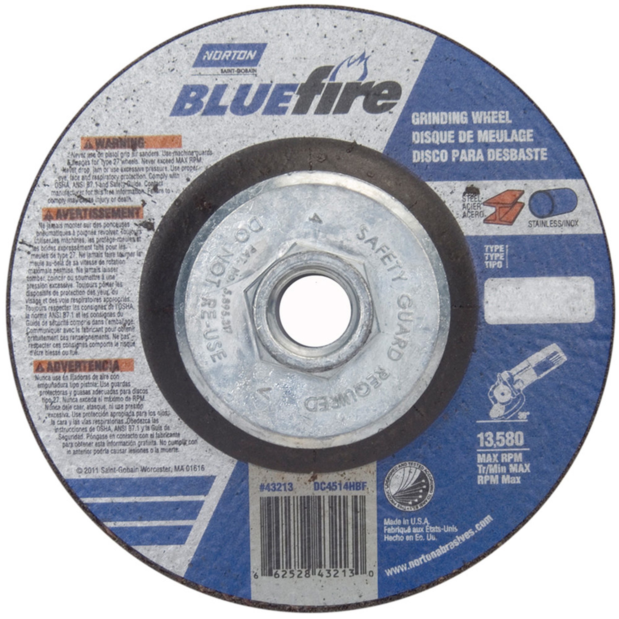 Meules BlueFireMD, 4-1/2" x 1/4", Arbre 5/8"-11, Alumine de zirconium, Type 27