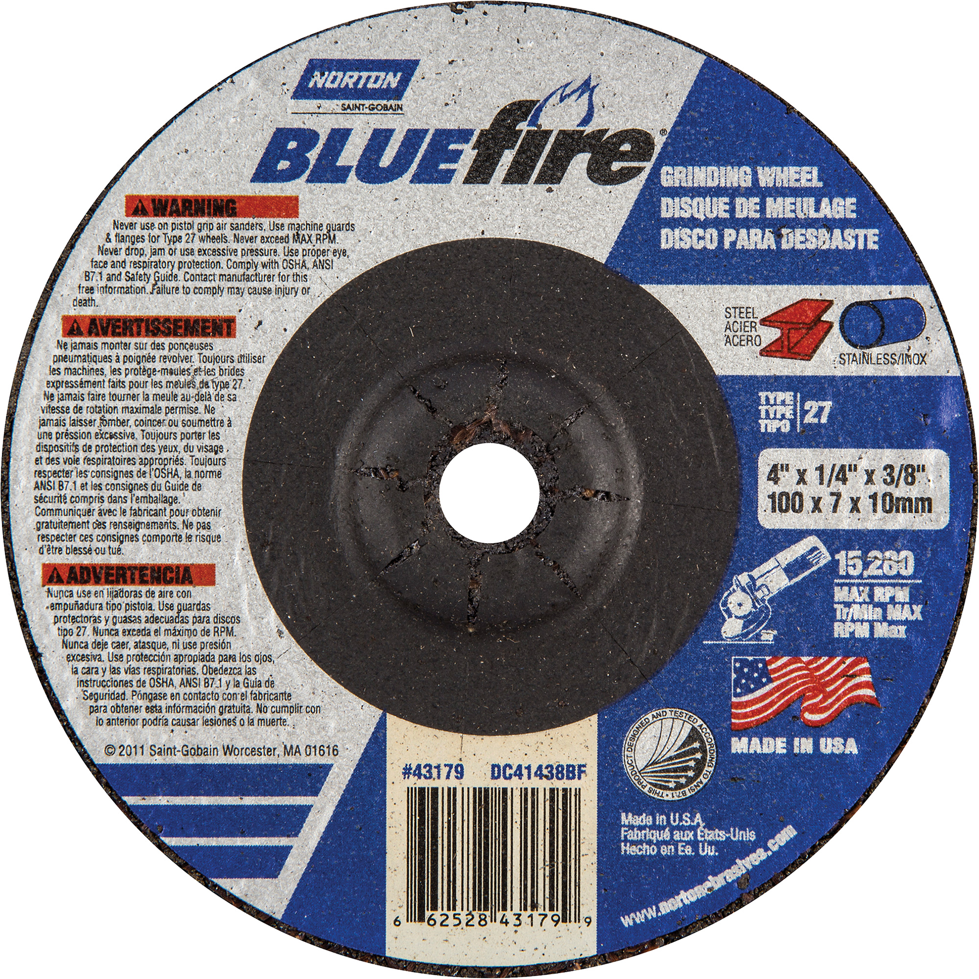 Meules BlueFireMD, 4" x 1/4", Arbre 3/8", Alumine de zirconium, Type 27