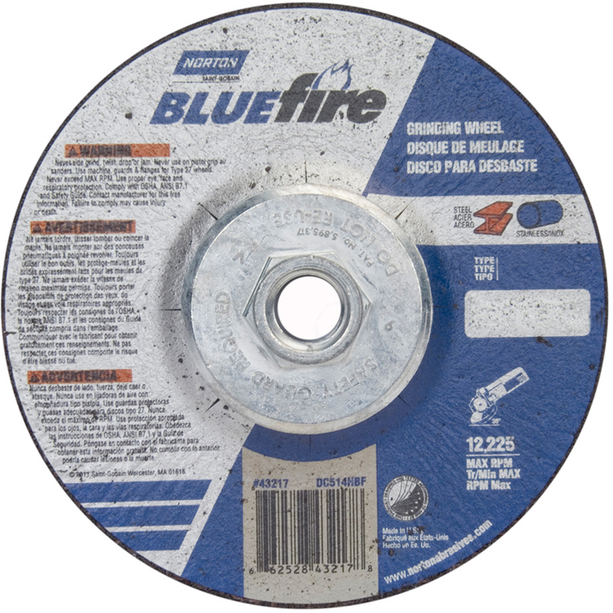 Meules BlueFireMD, 5" x 1/4", Arbre 5/8"-11, Alumine de zirconium, Type 27
