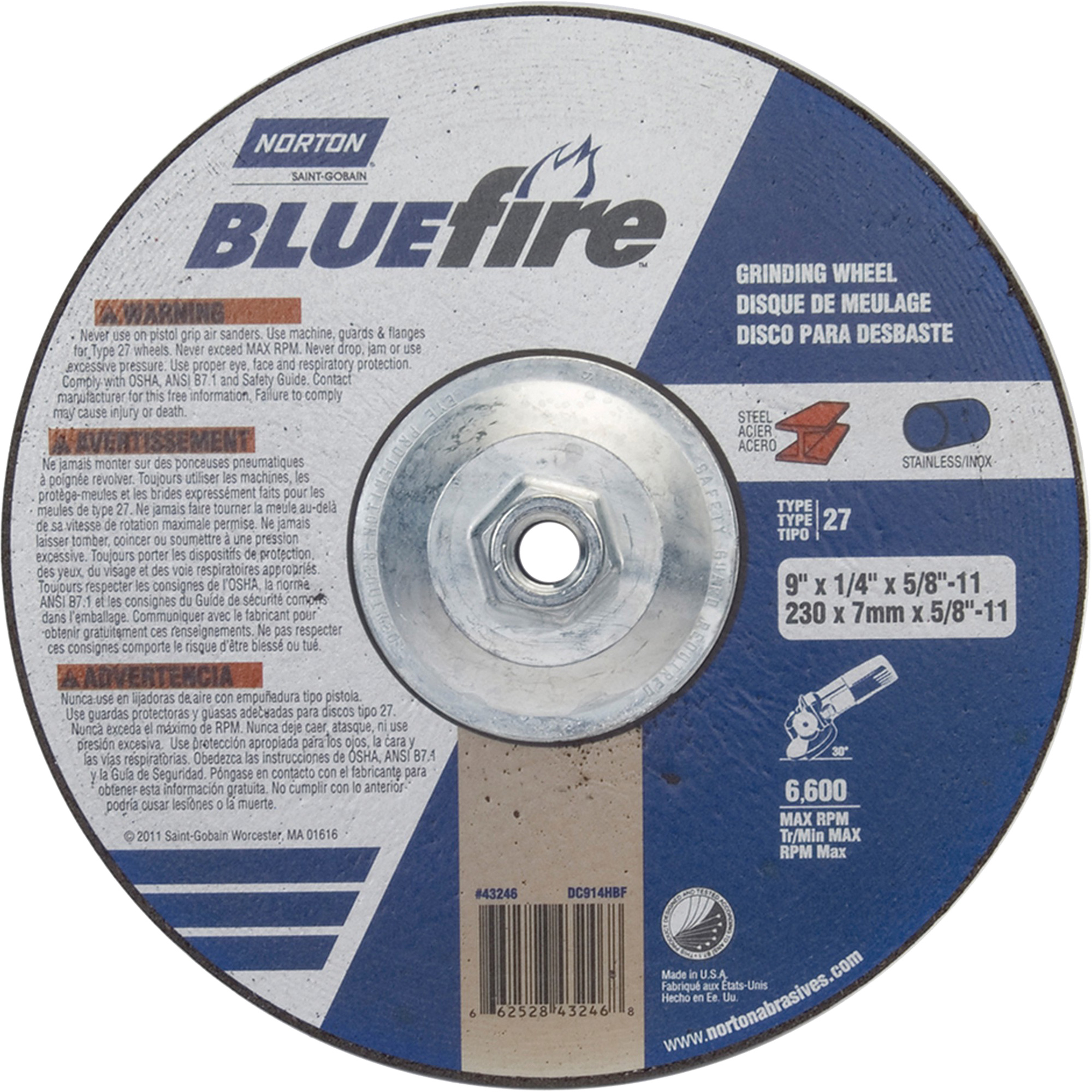 Meules BlueFireMD, 9" x 1/4", Arbre 5/8"-11, Alumine de zirconium, Type 27