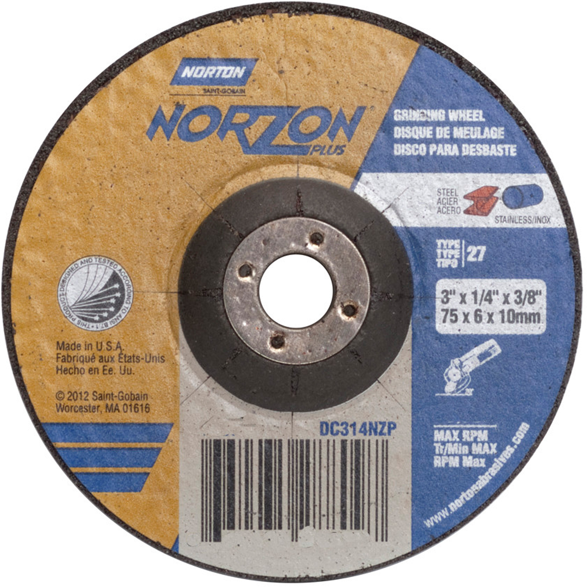 Meules Norzon PlusMD, 3" x 1/4", Arbre 3/8", Céramique d'alumine, Type 27