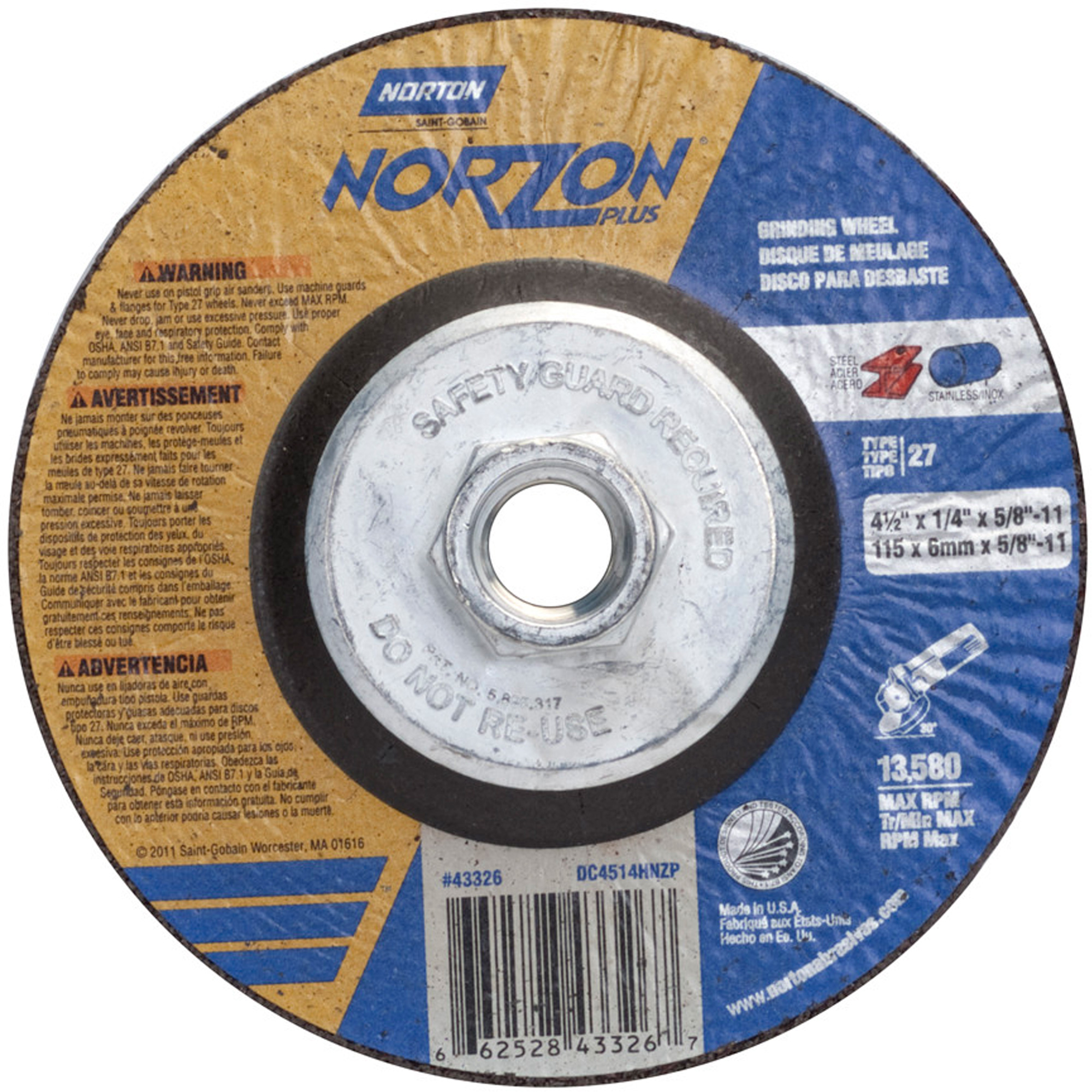 Meules Norzon PlusMD, 4-1/2" x 1/4", Arbre 5/8"-11, Céramique d'alumine, Type 27