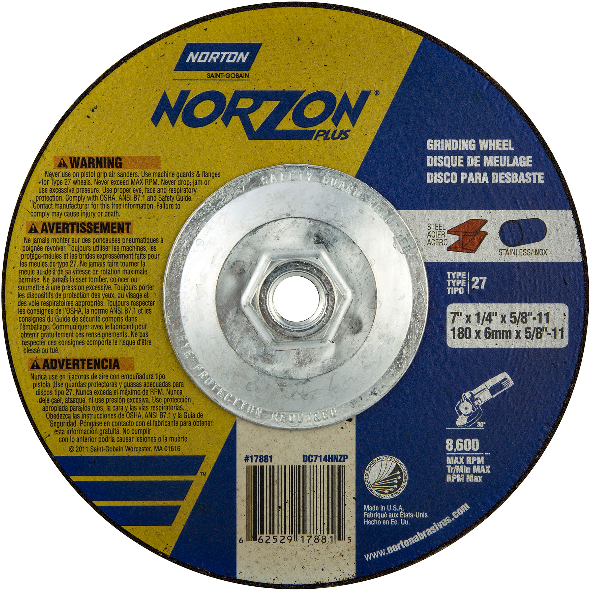 Meules Norzon PlusMD, 7" x 1/4", Arbre 5/8"-11, Céramique d'alumine, Type 27