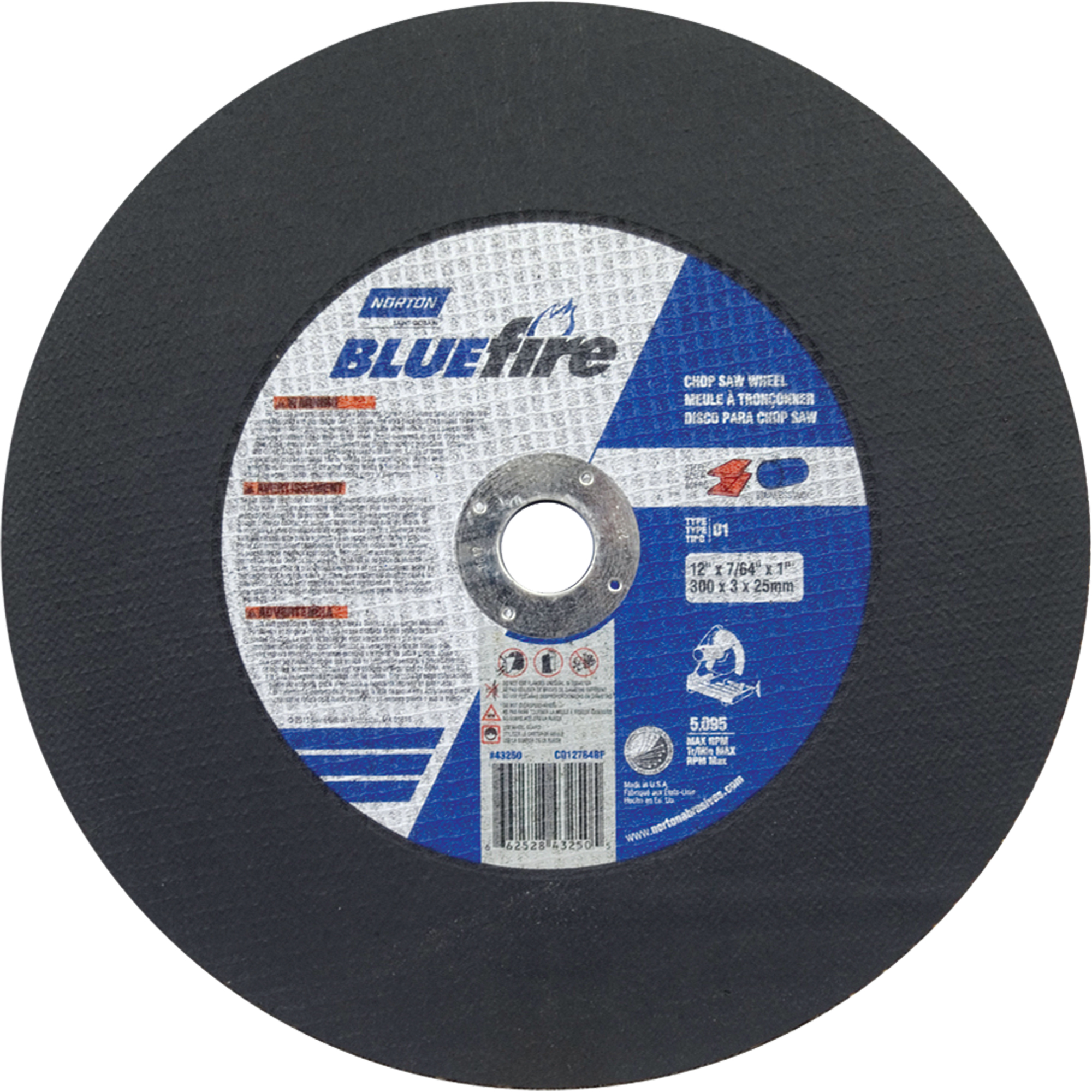 Meules pour scie de découpage BlueFireMD, 12" x 7/64", Arbre de 1", Type 01/41, Oxyde d'aluminium/Zirconium, 5095 Tr/min