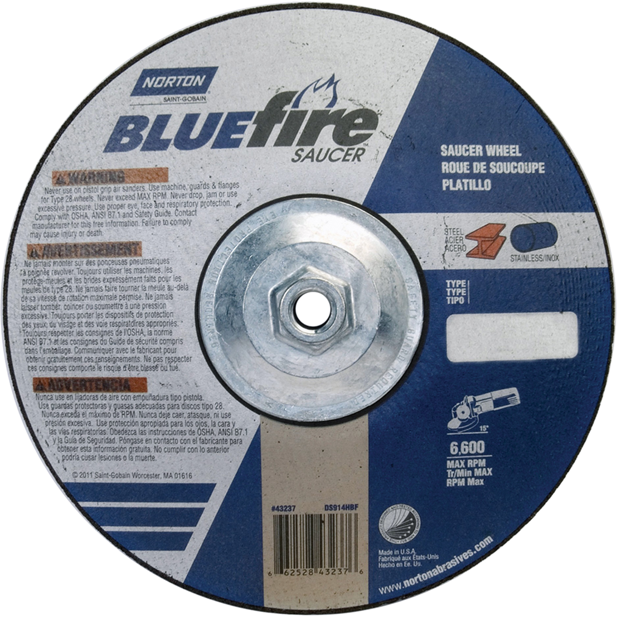 Meules soucoupes BlueFireMD, 9" x 1/4", Arbre 5/8"-11, Alumine de zirconium, Type 28
