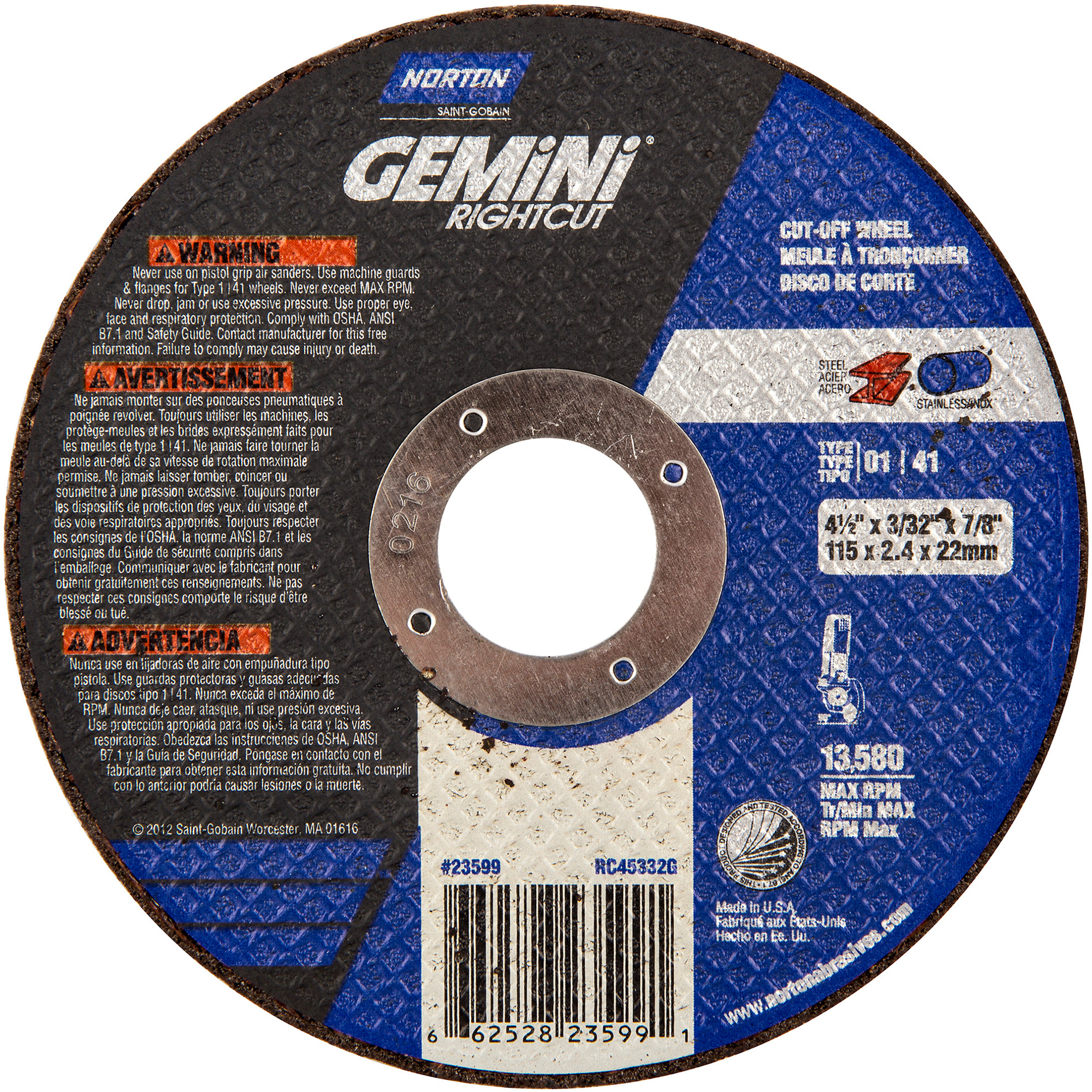 TAMP RENFORC GEMINI RIGHTCUT 4-1/2 X 3/32 X 7/8, 4-1/2" x 0,09", Arbre de 7/8", Type 1, Oxyde d'aluminium, 13580 Tr/min